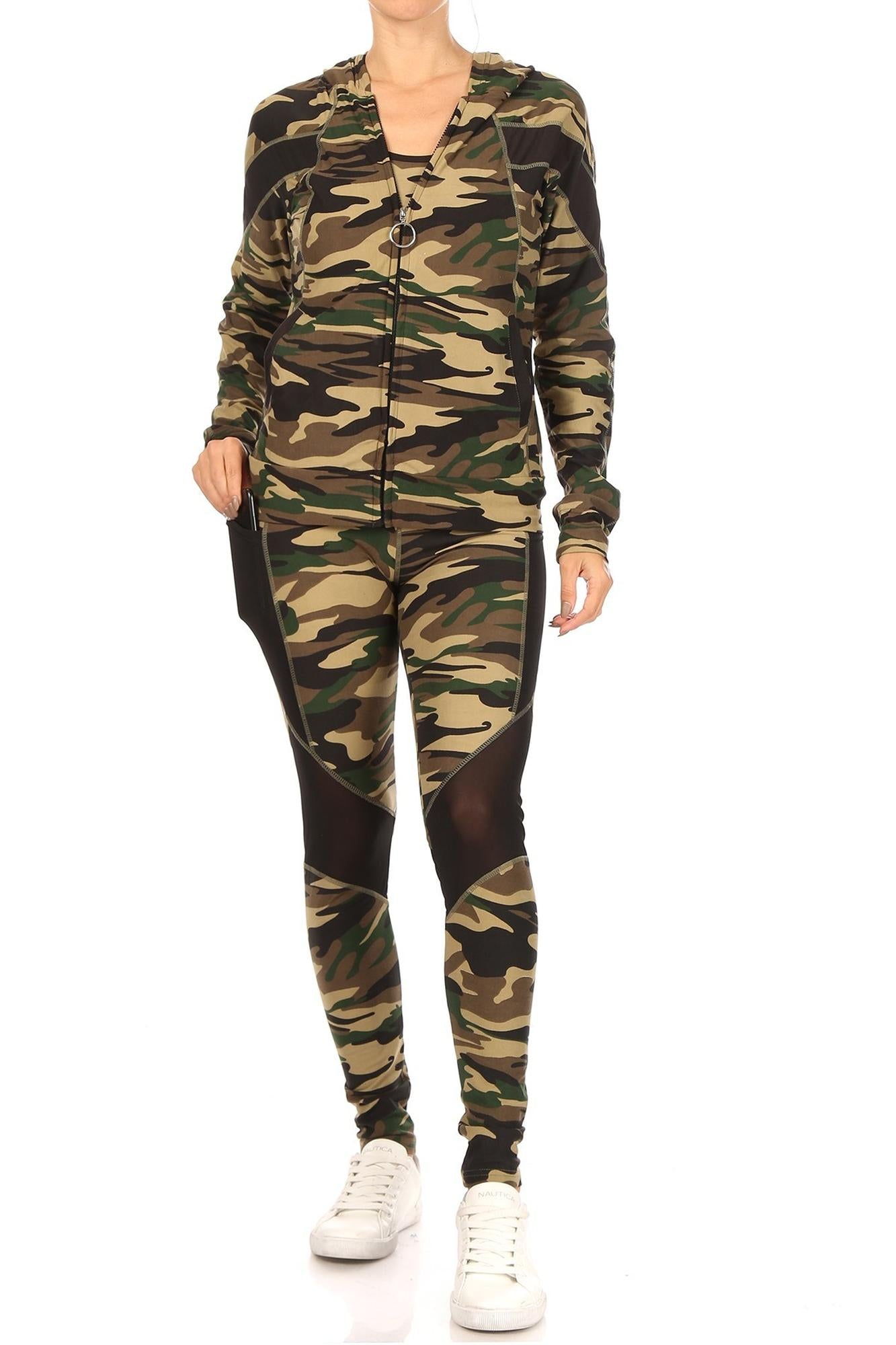 3 Piece Green Camouflage Mesh Mix Leggings Crop Premium Top and Hooded Jacket Set