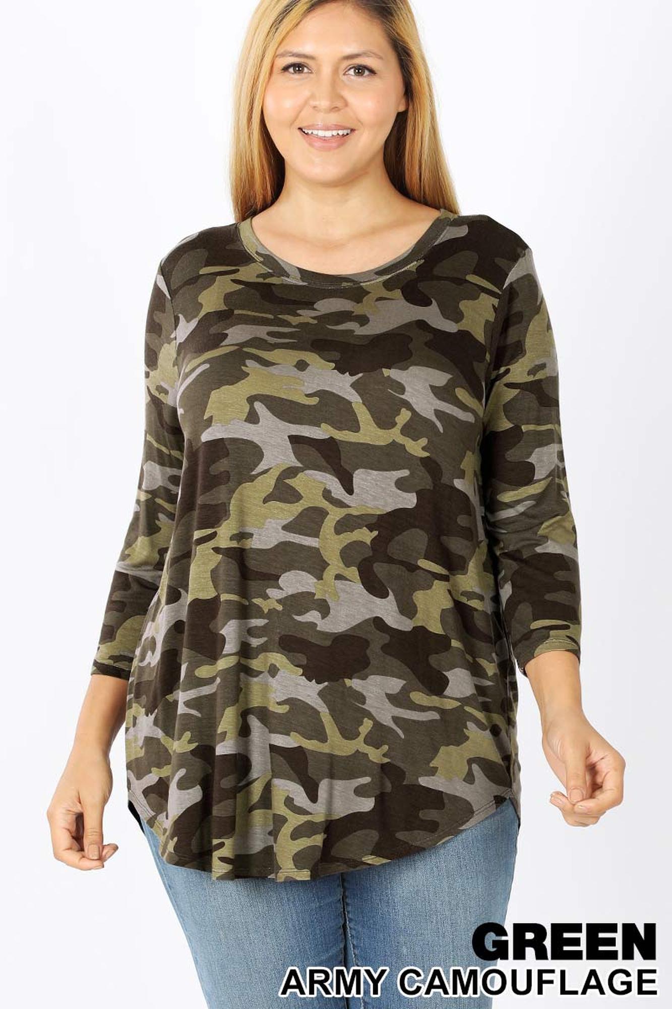Rayon Camouflage 3/4 Sleeve Round Neck & Hem Premium Top