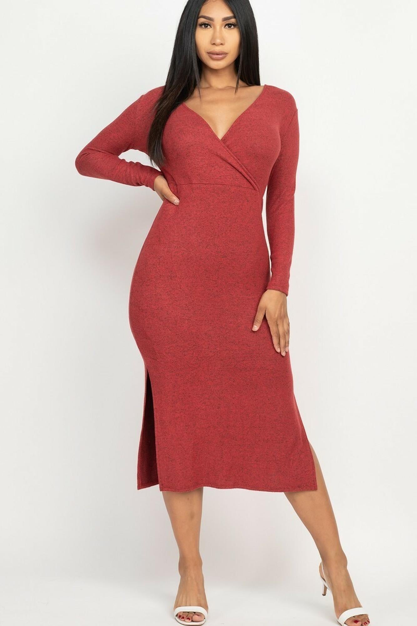Long-Sleeve V-Neck Brushed Knit Double Side Slit Midi Dress