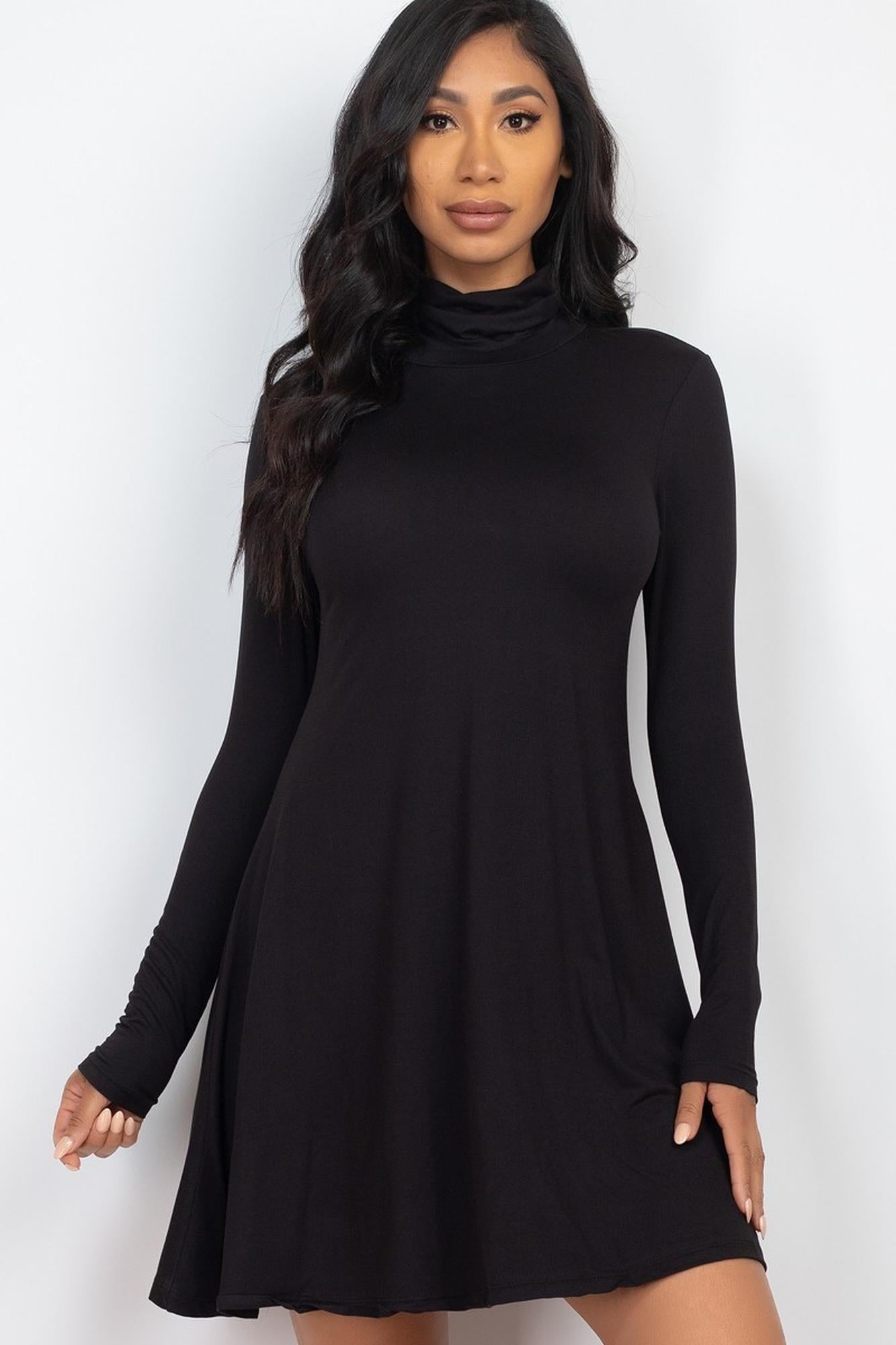 Long-Sleeve Mock Neck Flare Mini Dress