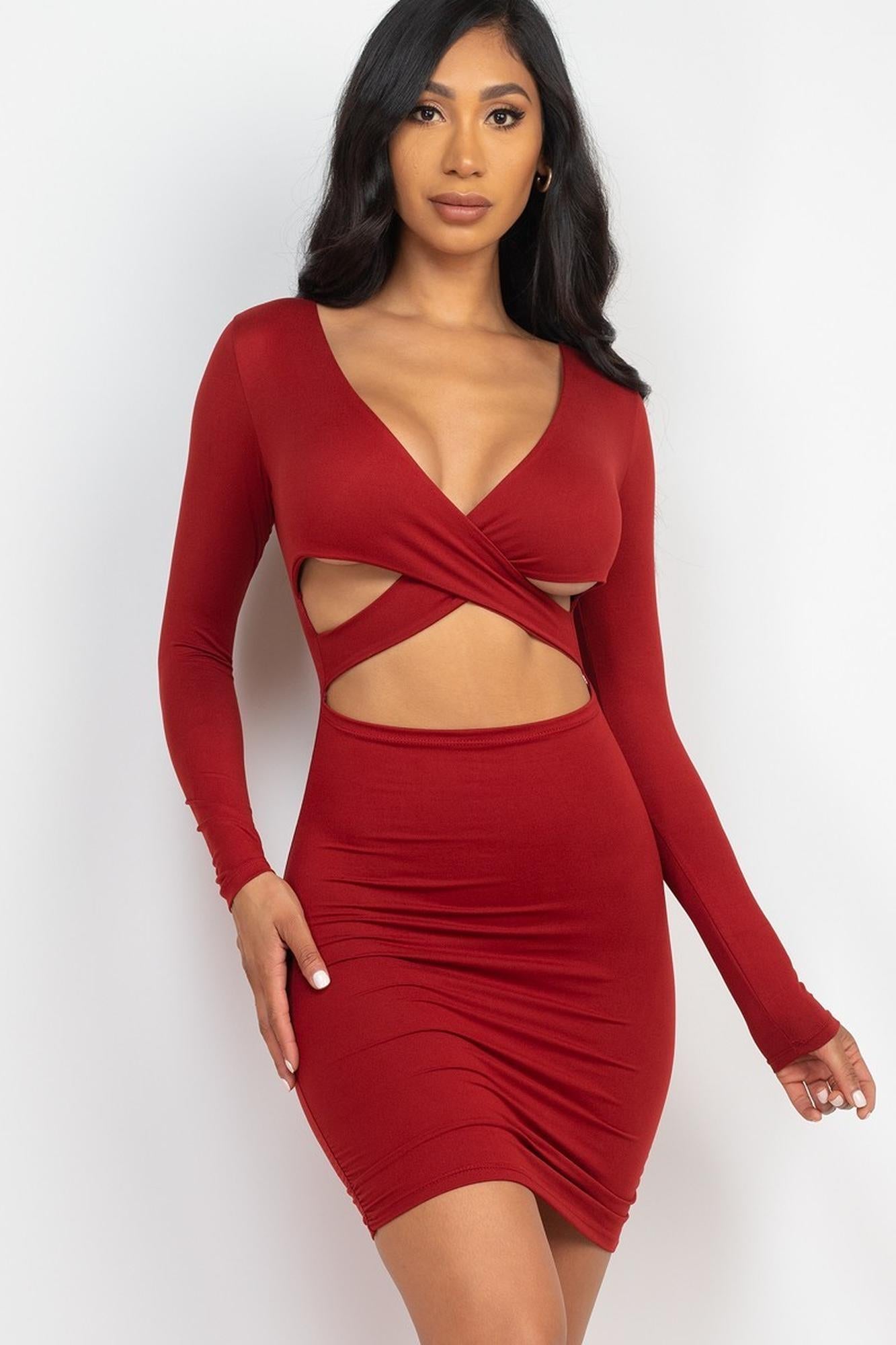 Long-Sleeve Crisscross Cut Out Front Mini Bodycon Dress