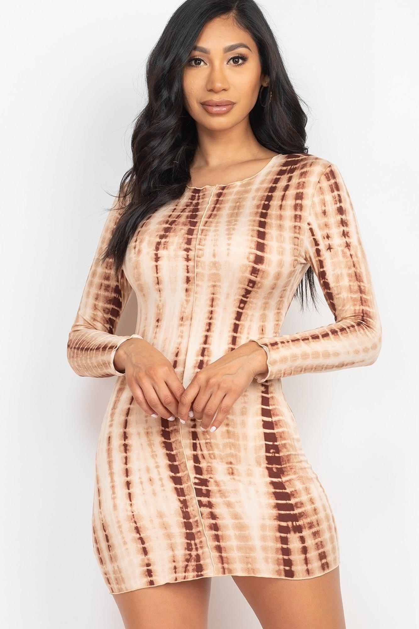Long-Sleeve Lettuce Trim Tie Dye Bodycon Mini Dress