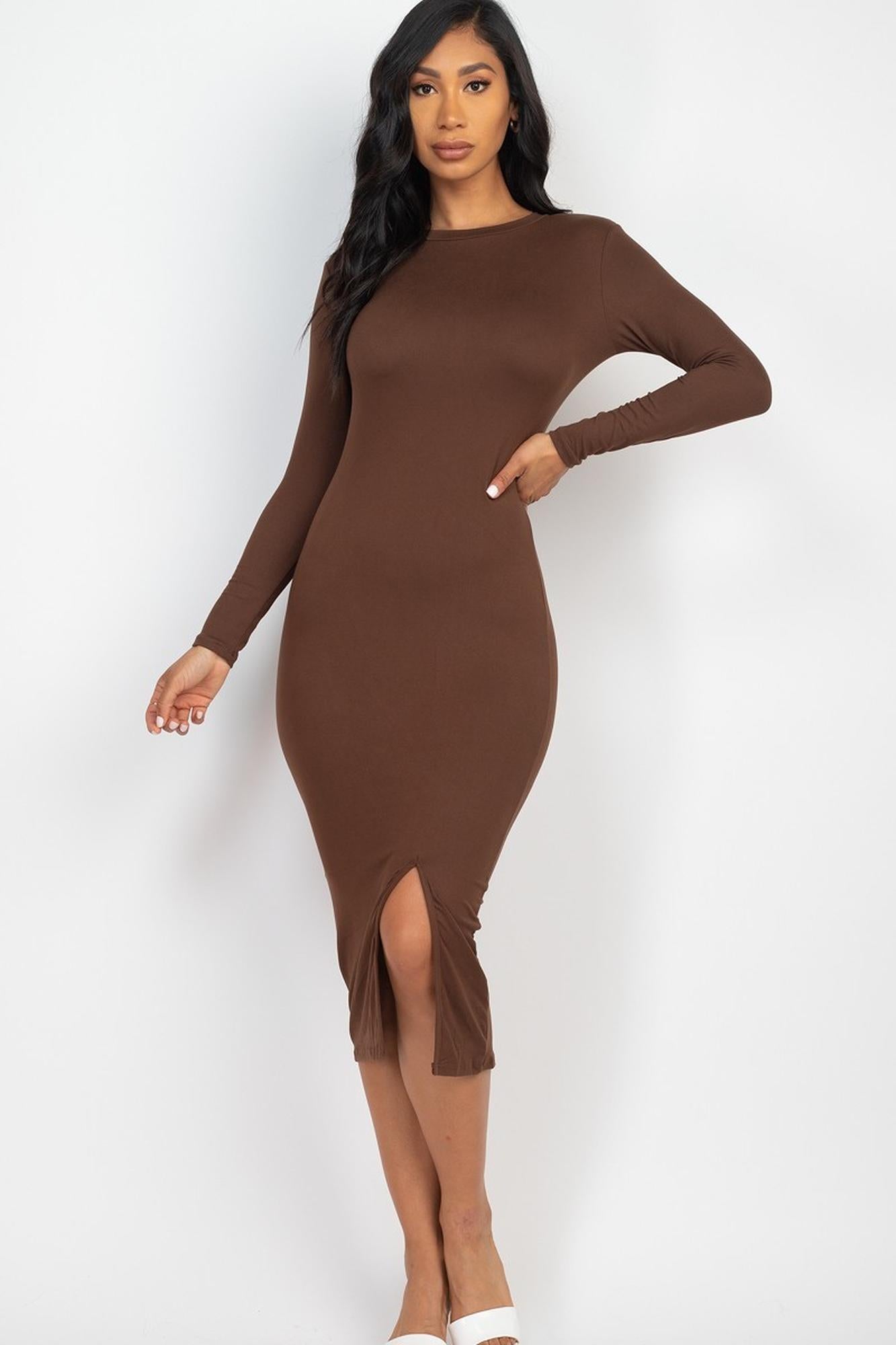 Solid Long-Sleeve Thigh Slit Midi Broycon Dress