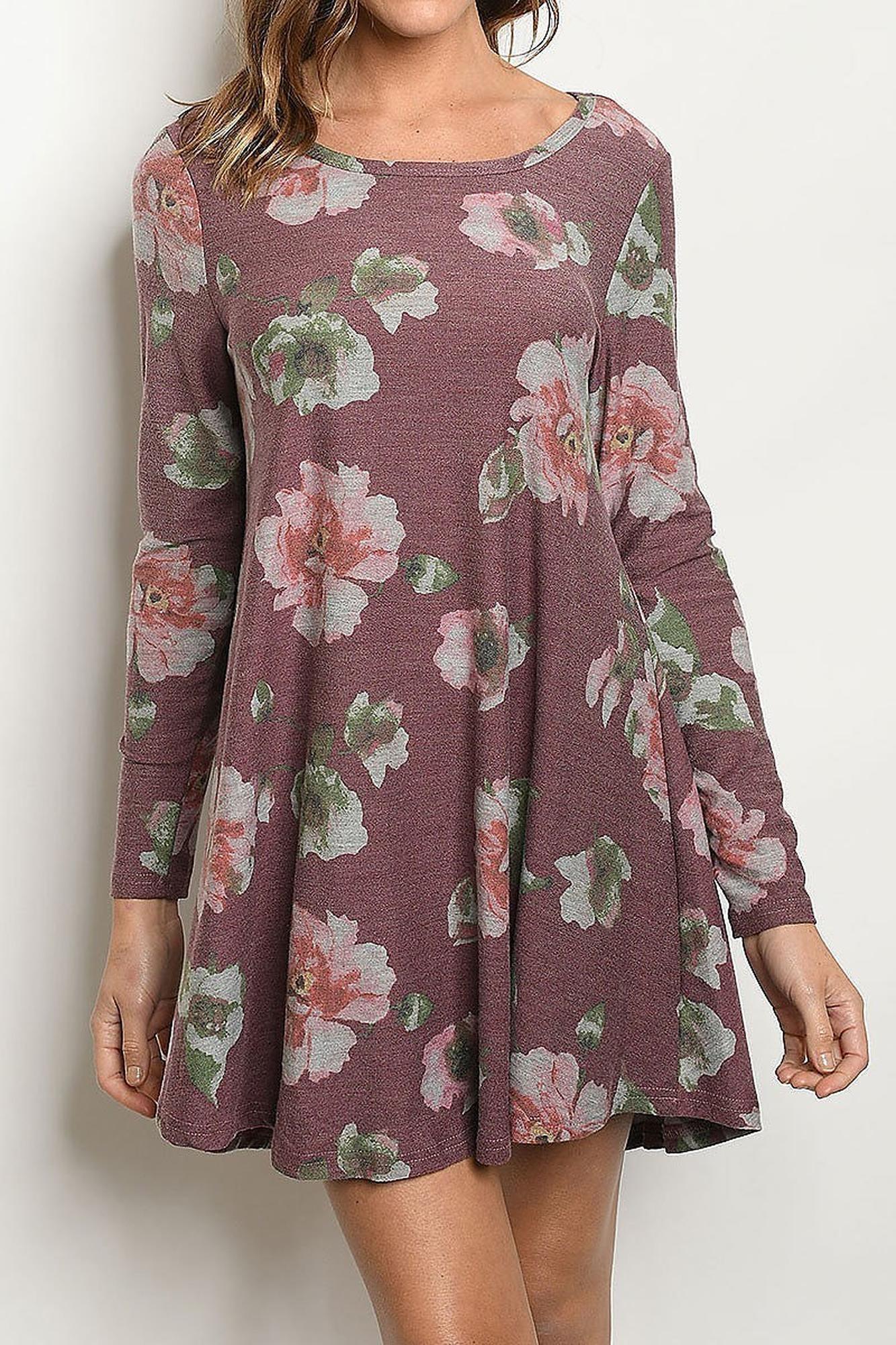 Long-Sleeve Vintage Floral Round Neck Mini Dress