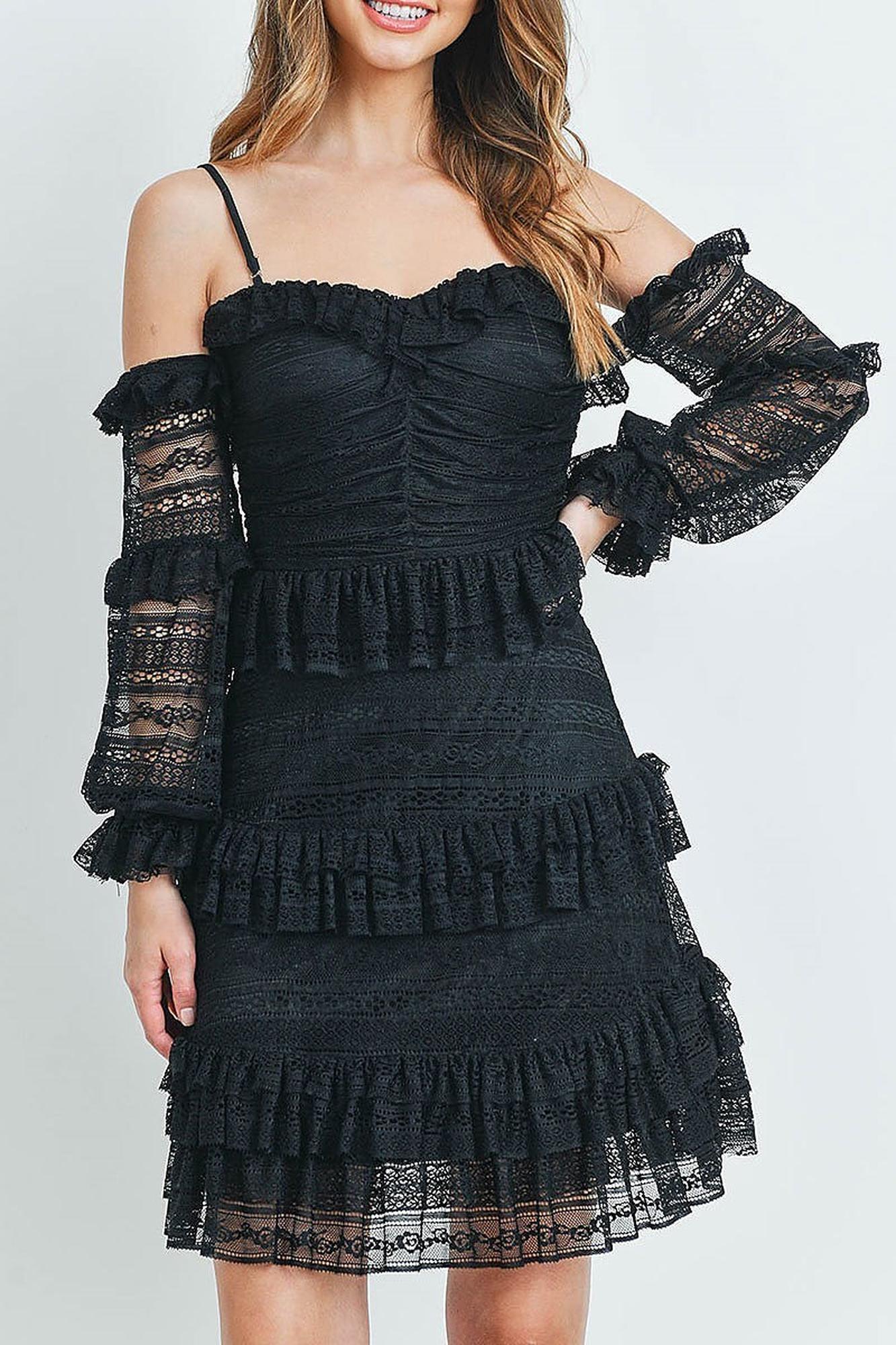 Tiered Flounce Ruffle Off the Shoulder Lace Sleeve Dress