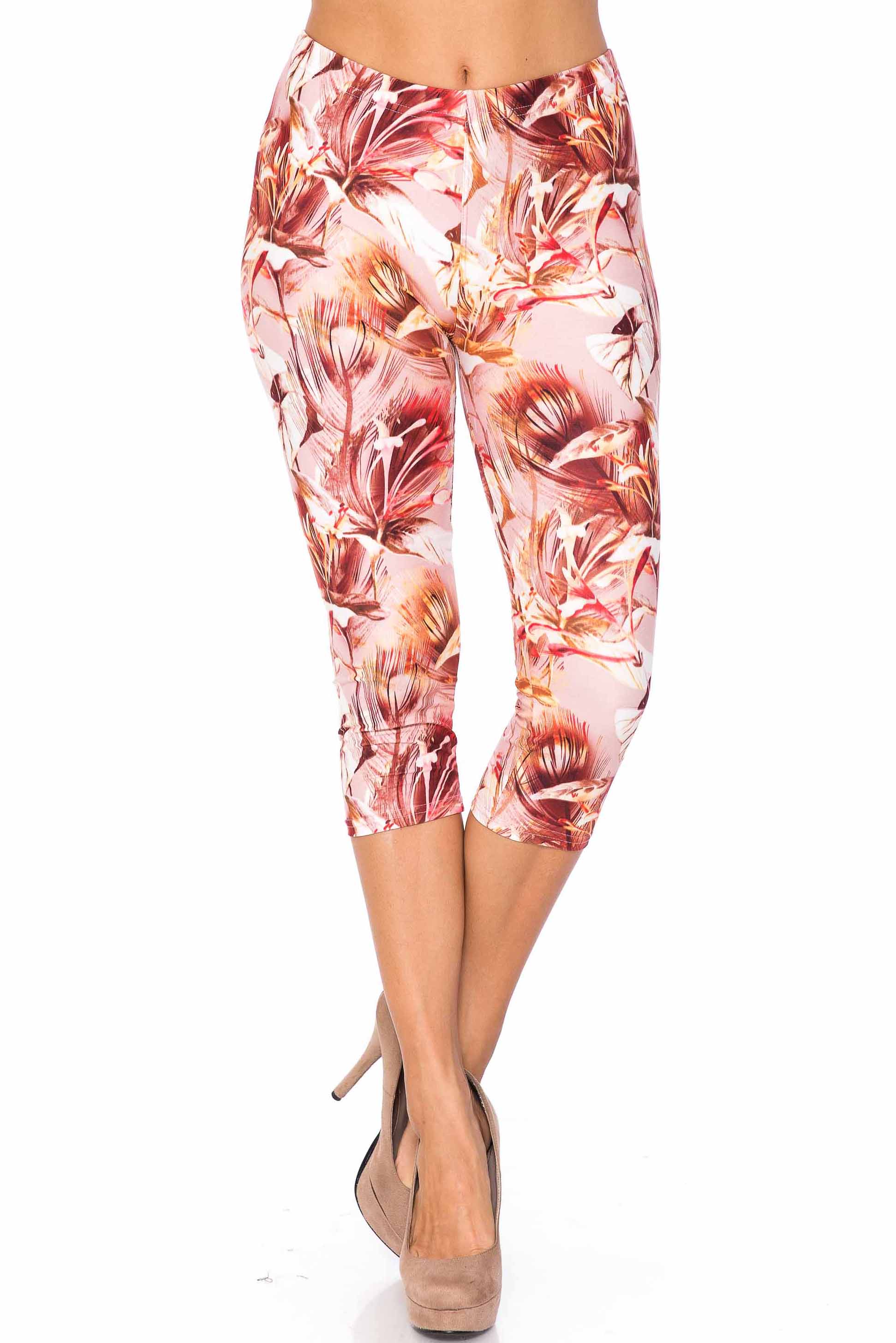 Creamy Soft Mocha Floral Extra Plus Size Capris - 3X-5X - USA Fashion