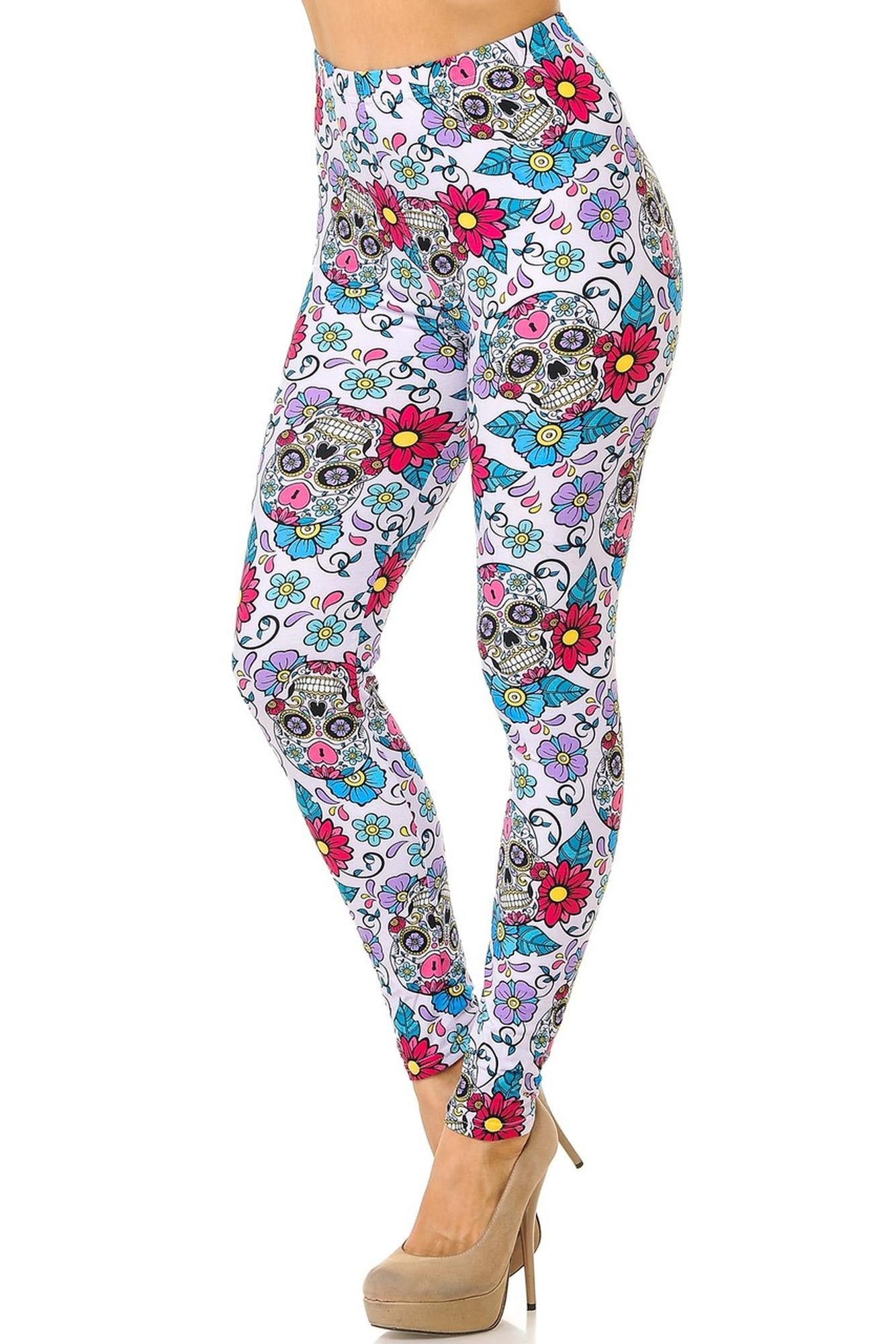 Buttery Smooth Lavender Sugar Skull Extra Plus Size Leggings - 3X-5X