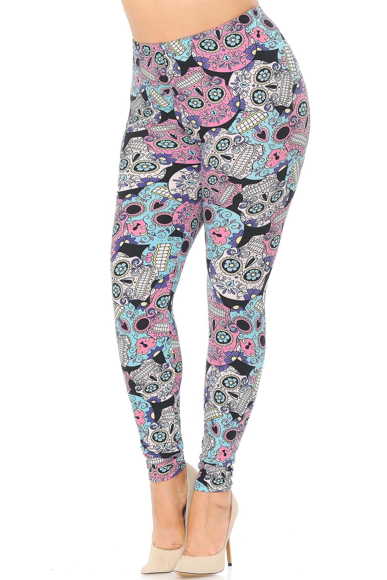 Buttery Smooth Pastel Sugar Skull Extra Plus Size Leggings - 3X-5X