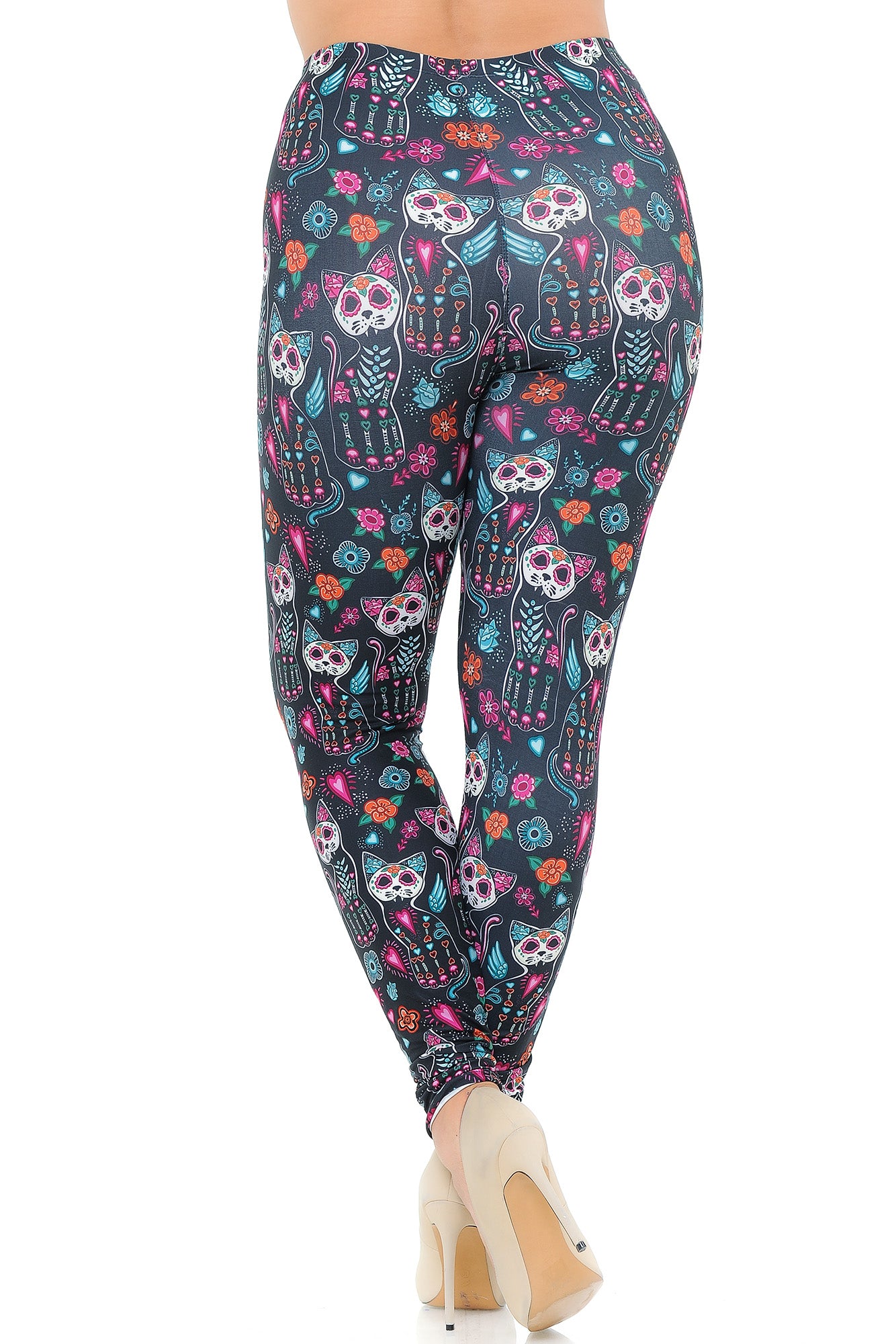 Creamy Soft Sugar Skull Kitty Cats Extra Plus Size Leggings - 3X-5X - USA Fashion