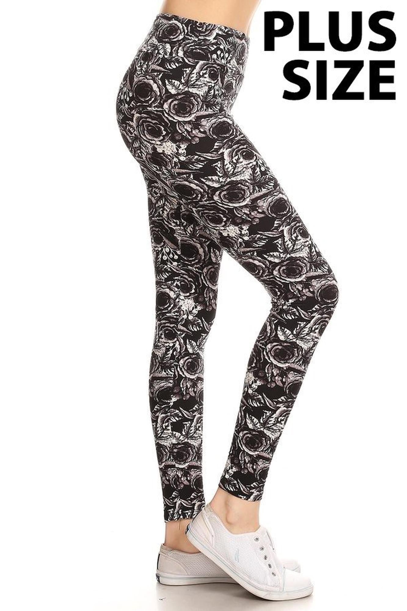 Buttery Smooth Black and White Rose Floral High Waist Plus Size Leggings