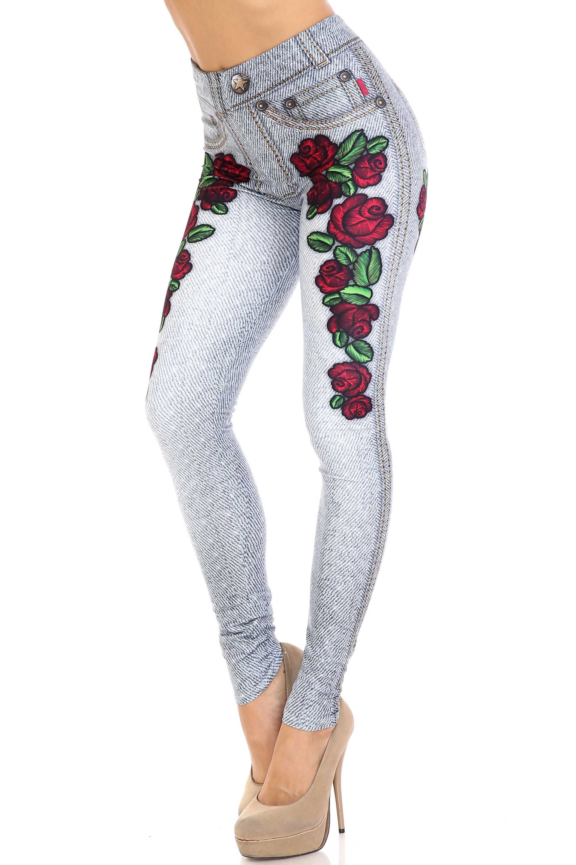 Creamy Soft Light Blue Denim Rose Leggings - By USA Fashion