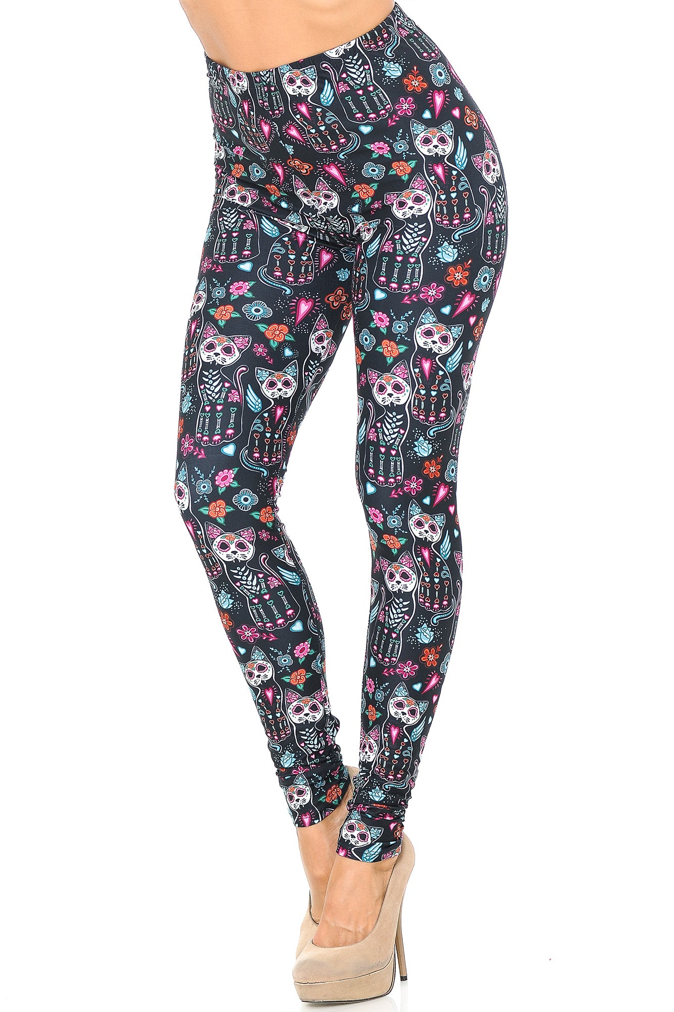 Creamy Soft Sugar Skull Kitty Cats Leggings - USA Fashion