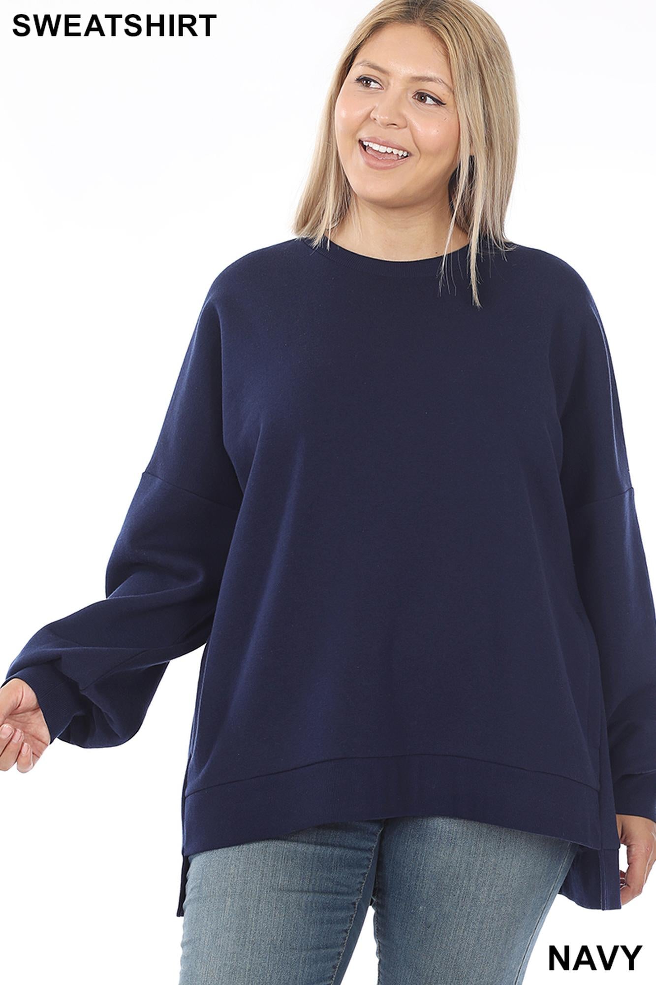 Crewneck Hi-Low Pullover Loose Fit Sweatshirt with Side Pockets - Plus Size