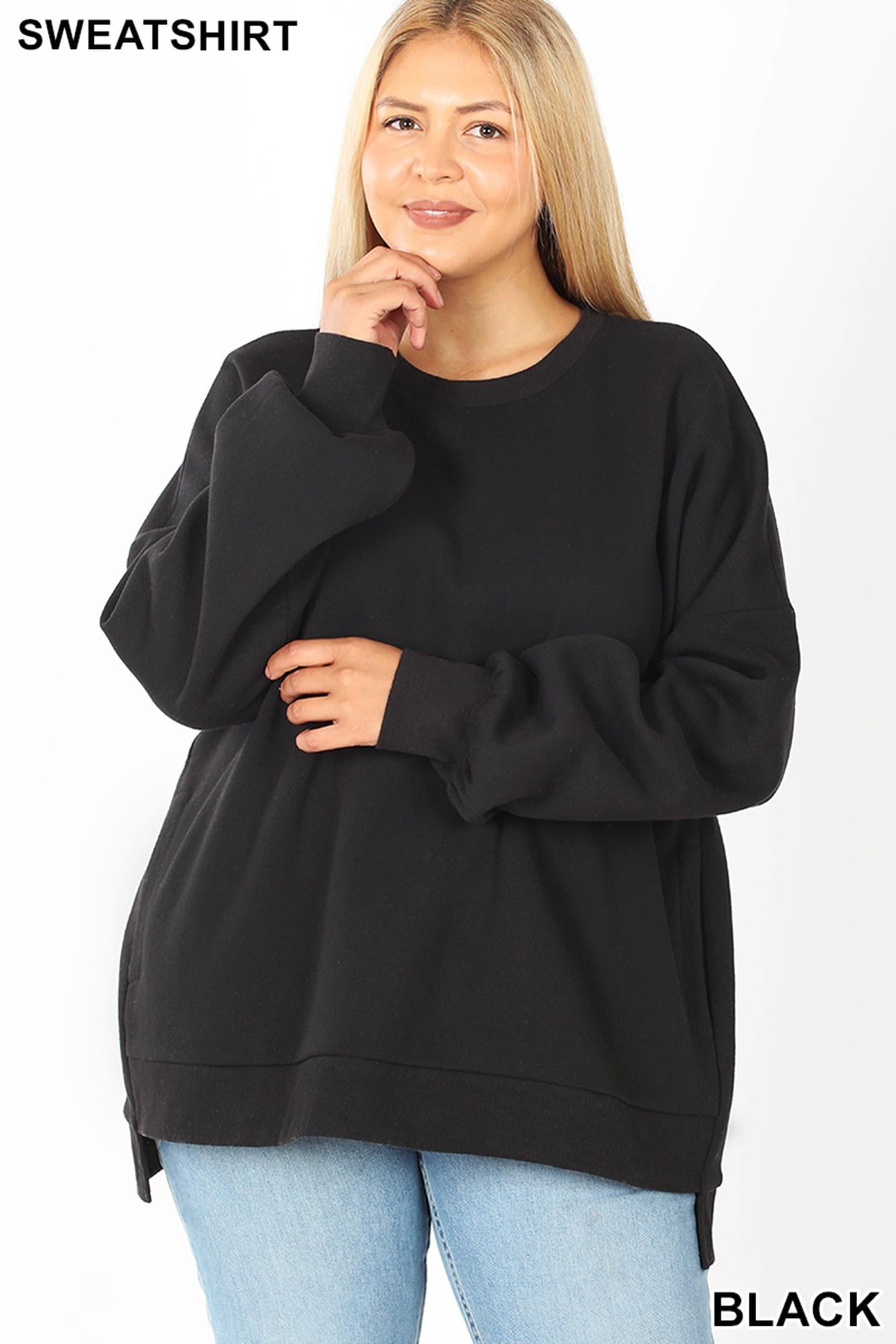 Crewneck Hi-Low Pullover Loose Fit Sweatshirt with Side Pockets - Plus Size