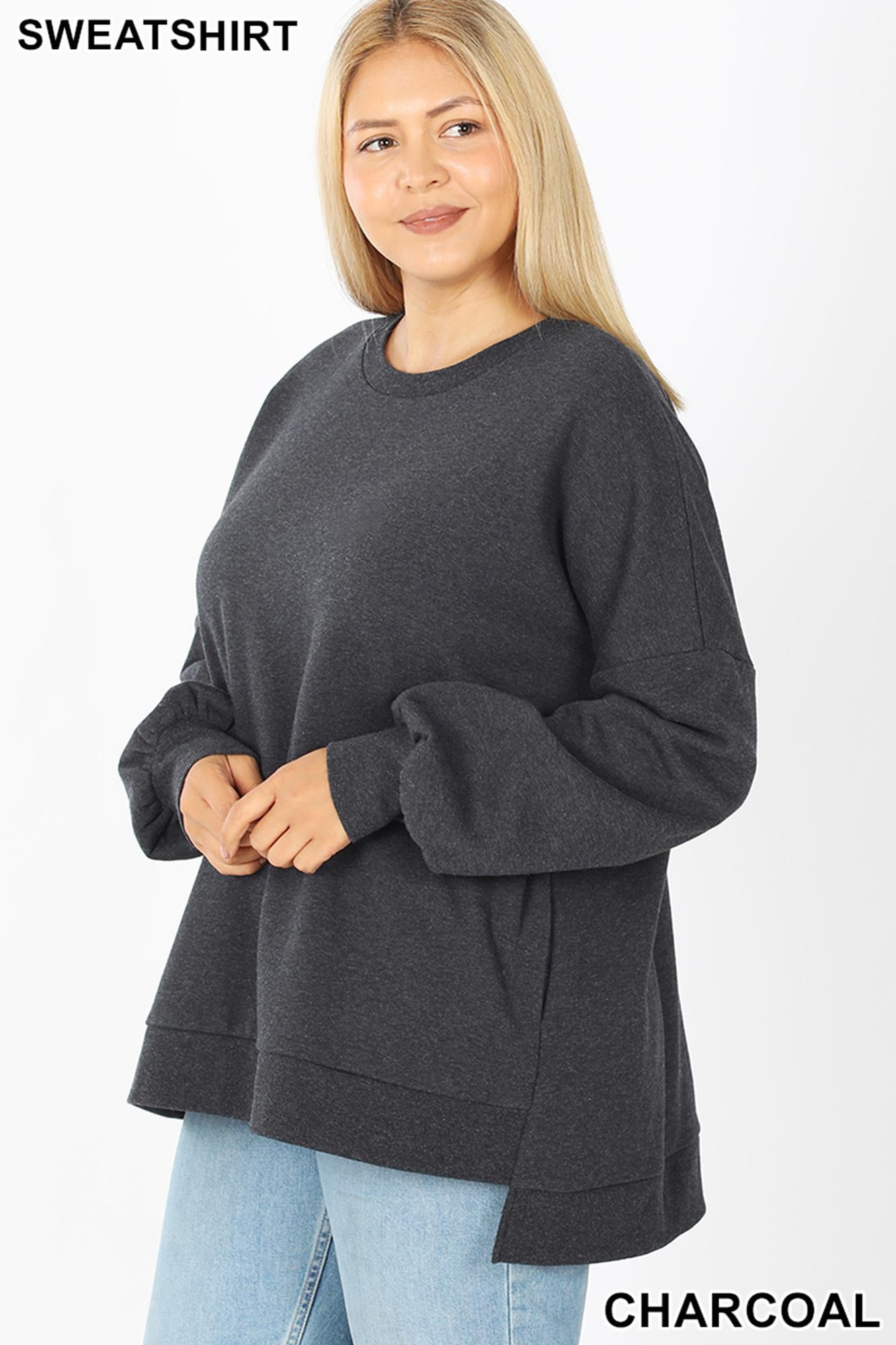 Crewneck Hi-Low Pullover Loose Fit Sweatshirt with Side Pockets - Plus Size