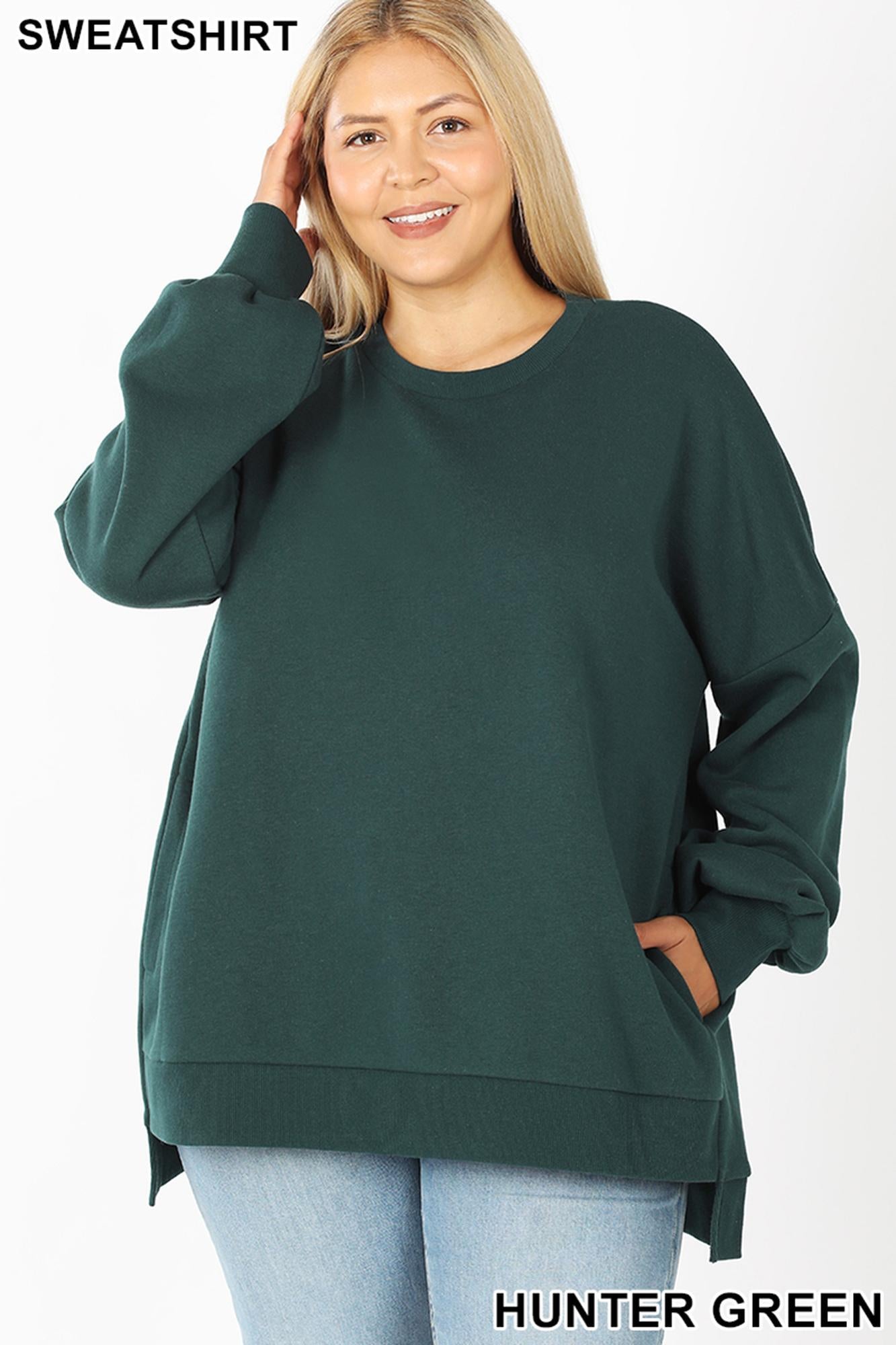 Crewneck Hi-Low Pullover Loose Fit Sweatshirt with Side Pockets - Plus Size