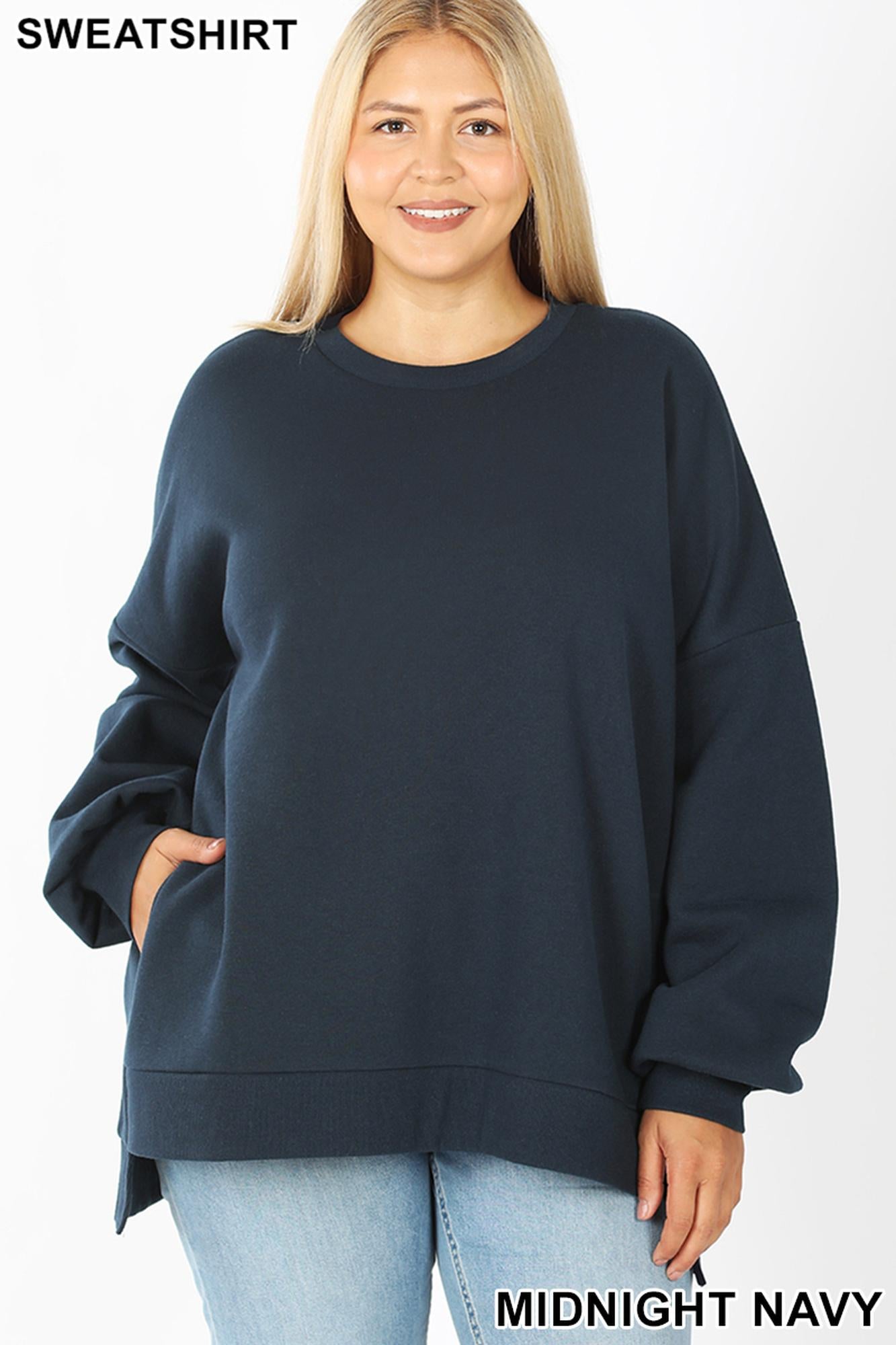 Crewneck Hi-Low Pullover Loose Fit Sweatshirt with Side Pockets - Plus Size