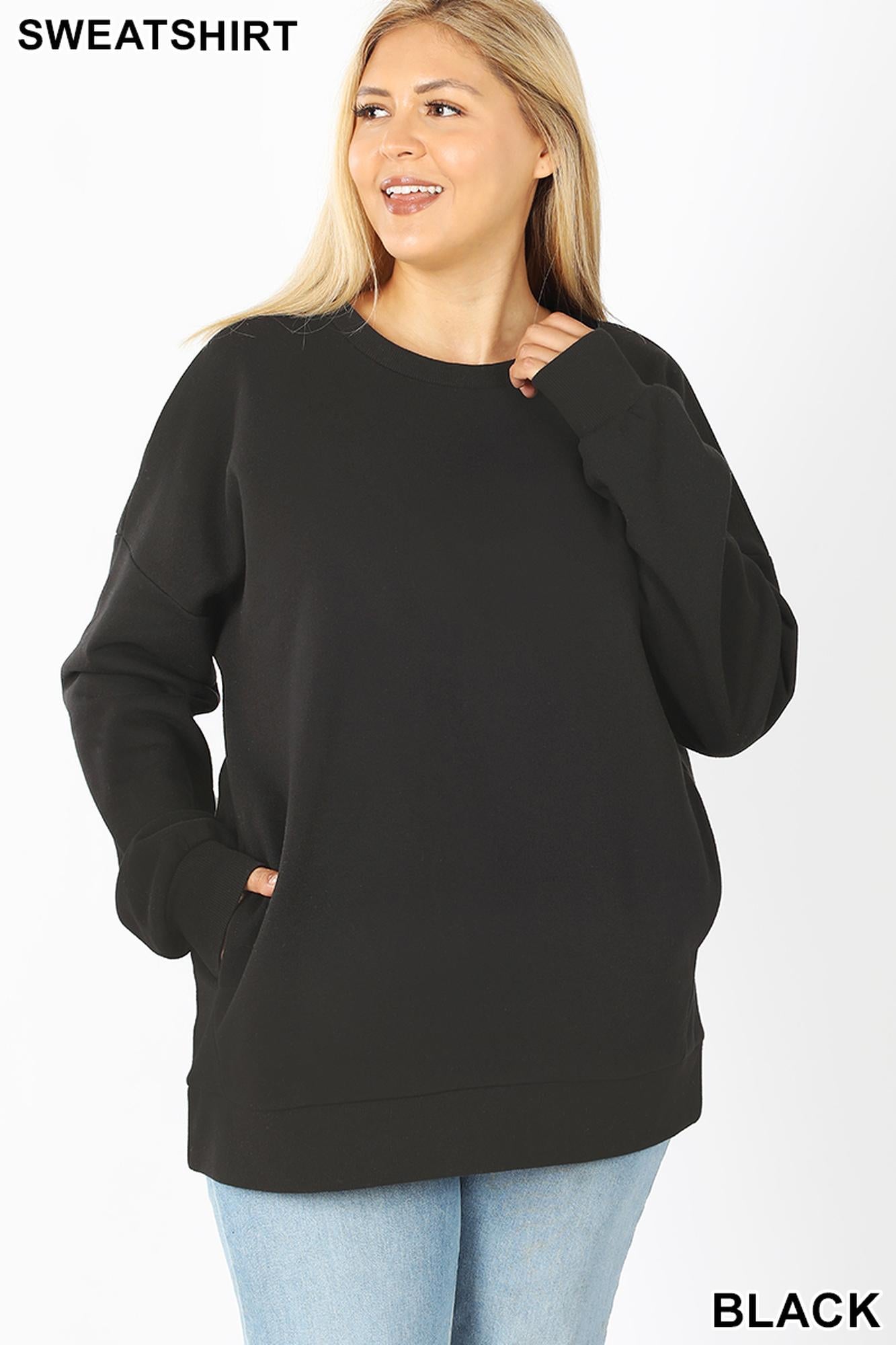 Round Crewneck Plus Size Sweatshirt with Side Pockets