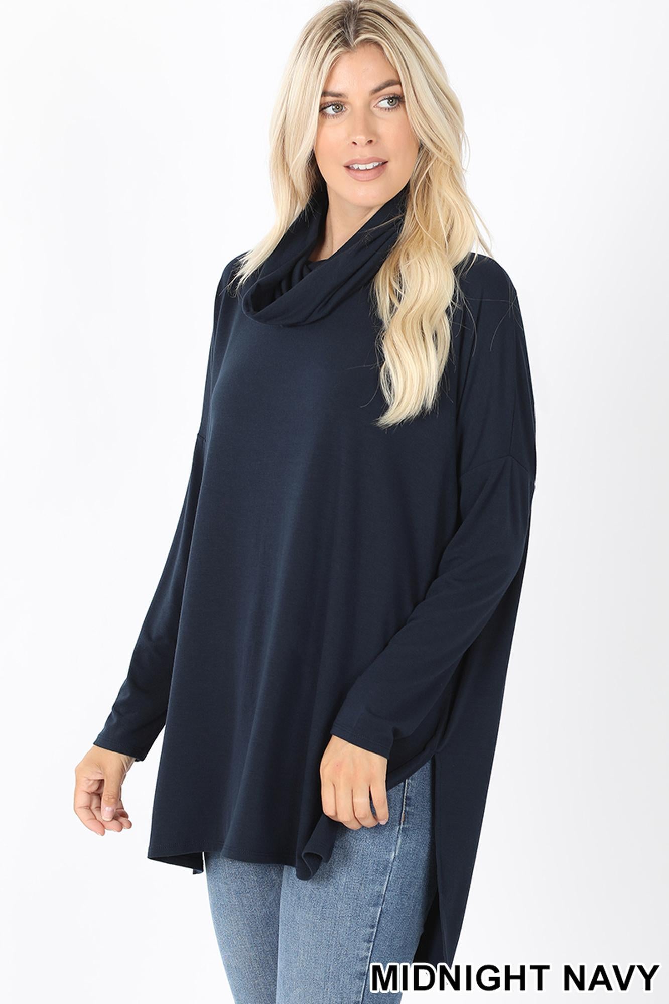 Cowl Neck Hi-Low Long-Sleeve Plus Size Premium Top