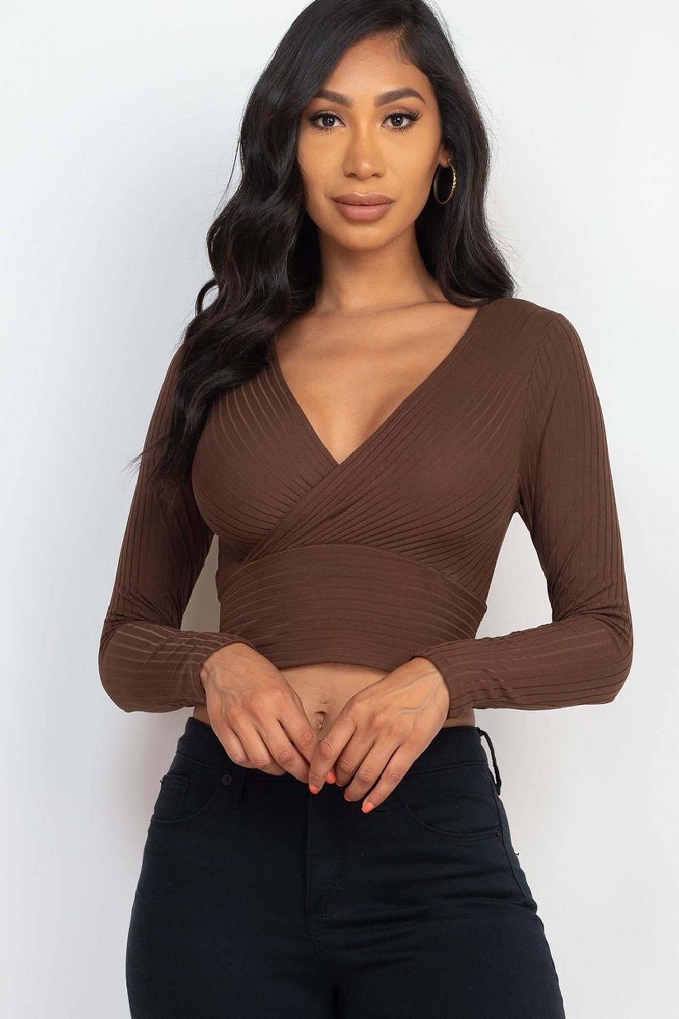 Long-Sleeve Ribbed Wrap Front Crop Premium Top