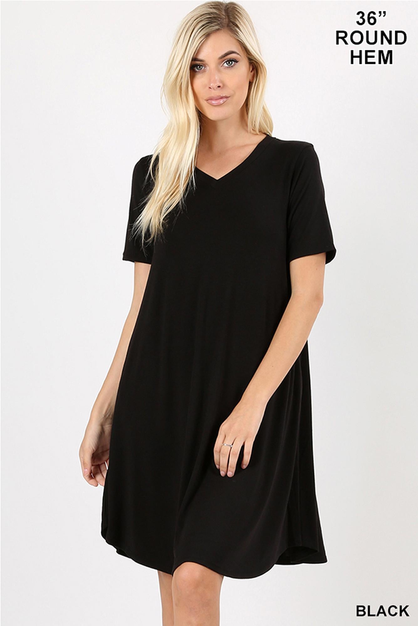 V-Neck Round Hem Short-Sleeve Rayon Premium Top with Pockets - 36 Inch Length