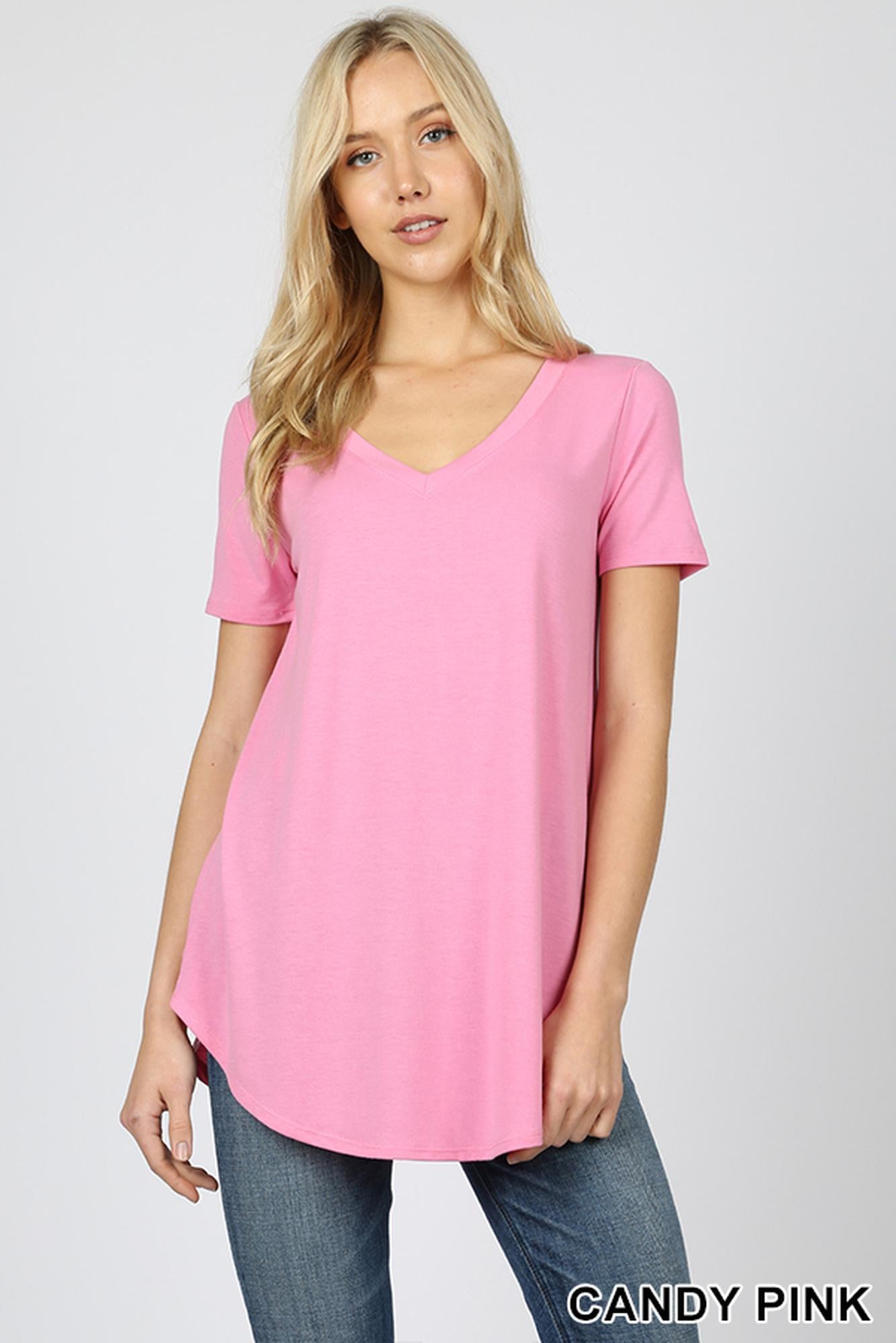 Premium Short-Sleeve V-Neck Round Hem Premium Top