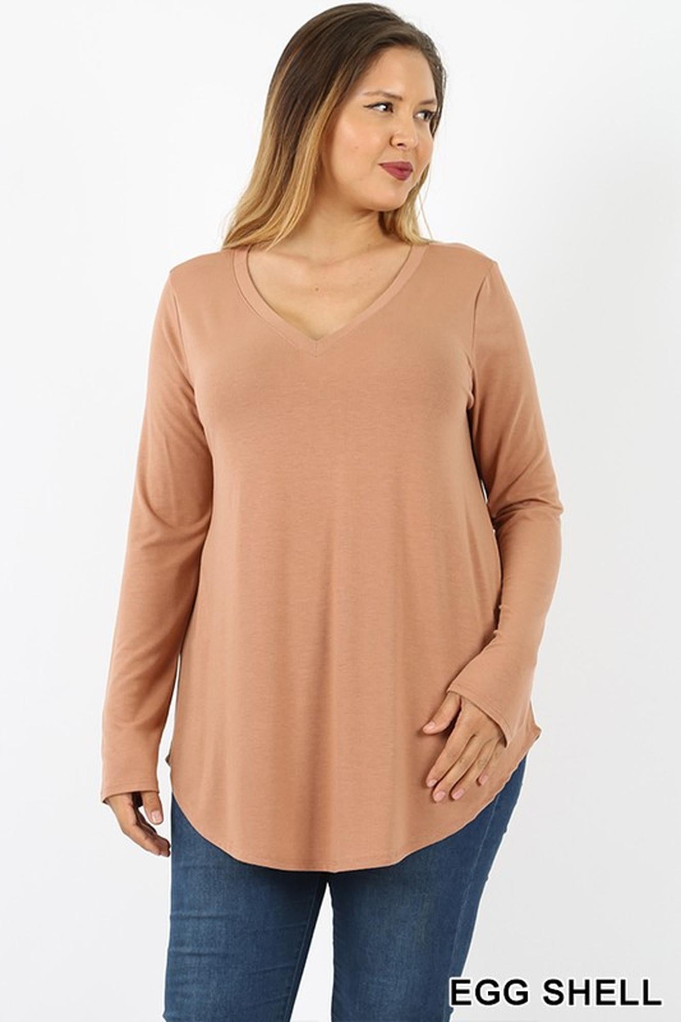 Premium V-Neck Round Hem Long-Sleeve Plus Size Premium Top