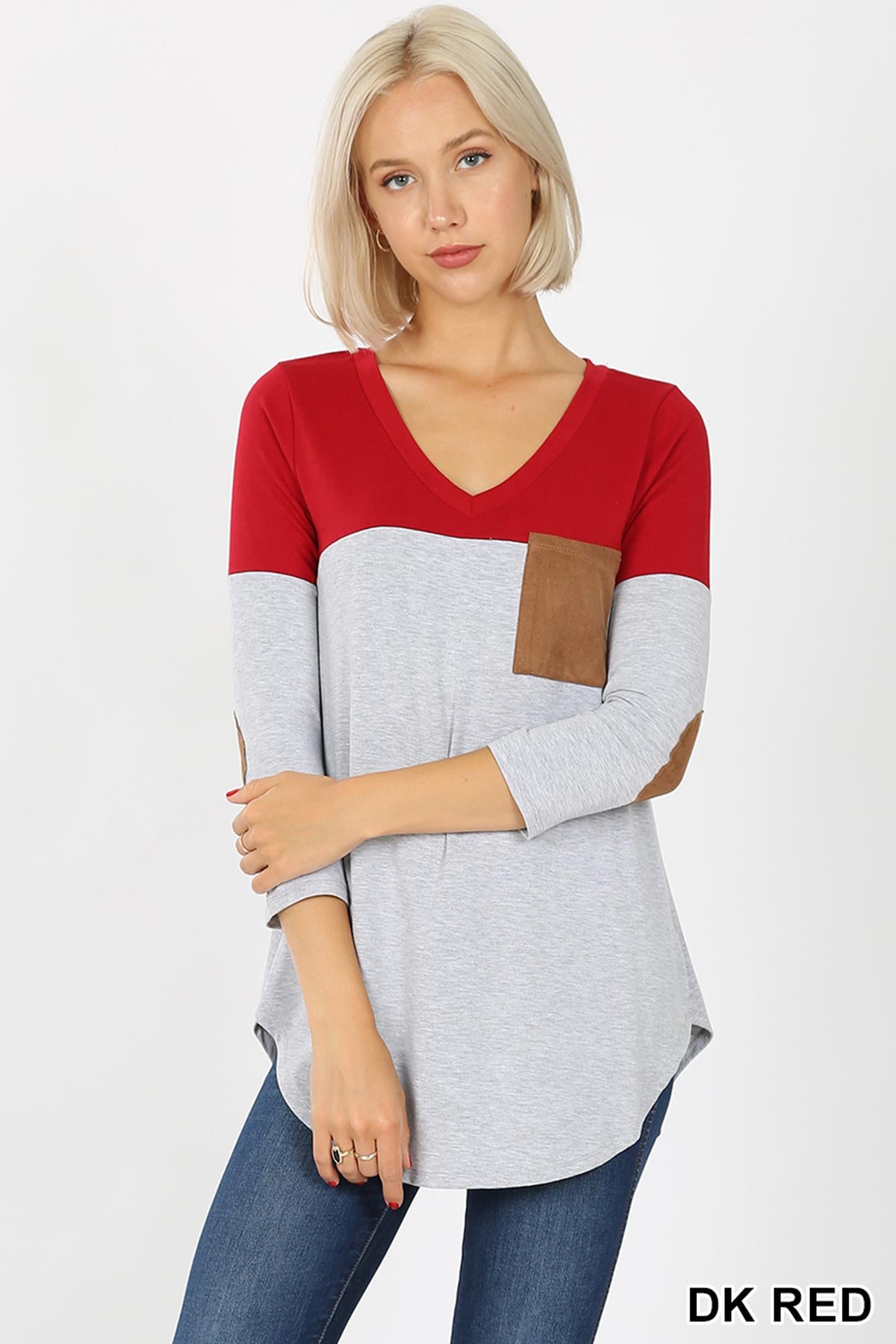 Color Block V-Neck 3/4 Sleeve Premium Top with Front Pocket