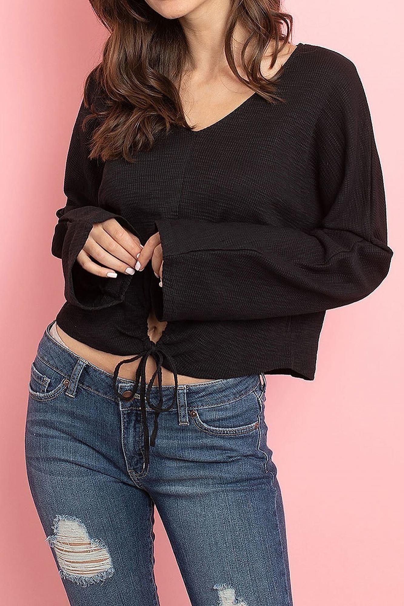 Cropped Waist Tie Hem Long-Sleeve Cotton V-Neck Premium Top