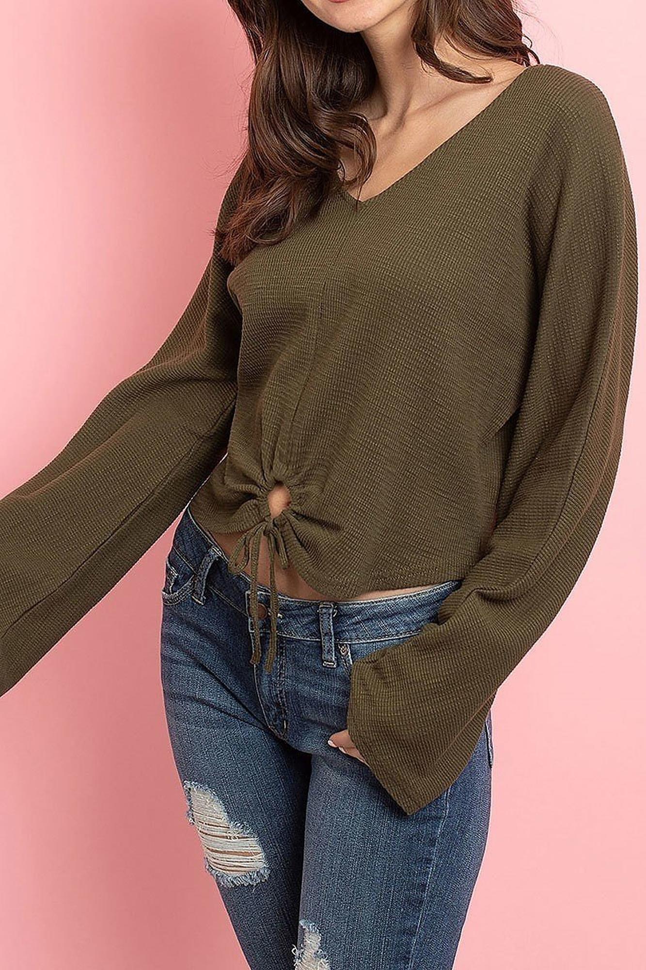 Cropped Waist Tie Hem Long-Sleeve Cotton V-Neck Premium Top