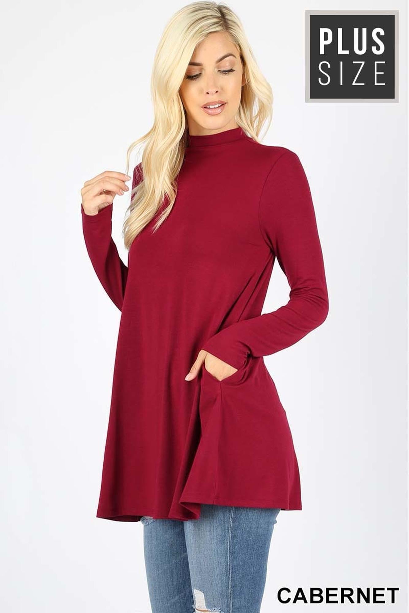 Long-Sleeve Mock Neck Plus Size Premium Top with Pockets