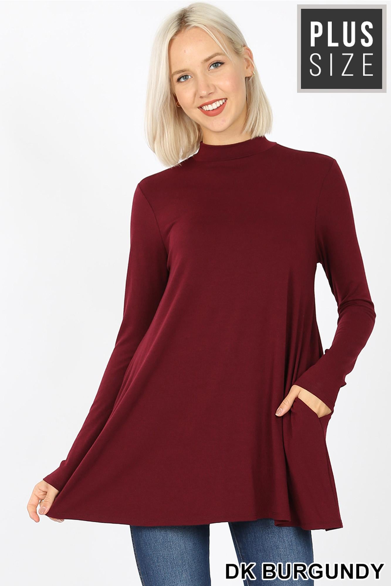 Long-Sleeve Mock Neck Plus Size Premium Top with Pockets