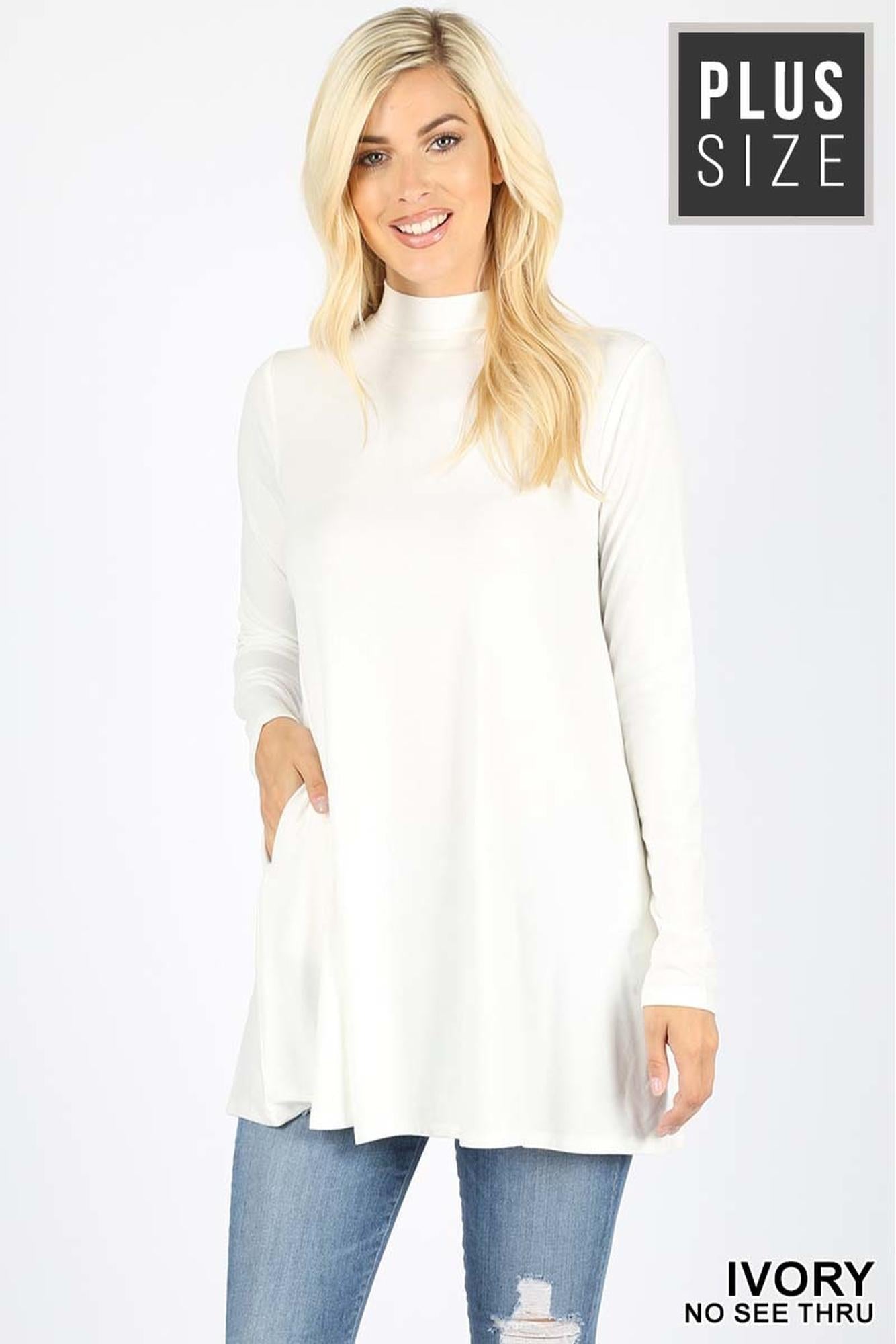 Long-Sleeve Mock Neck Plus Size Premium Top with Pockets