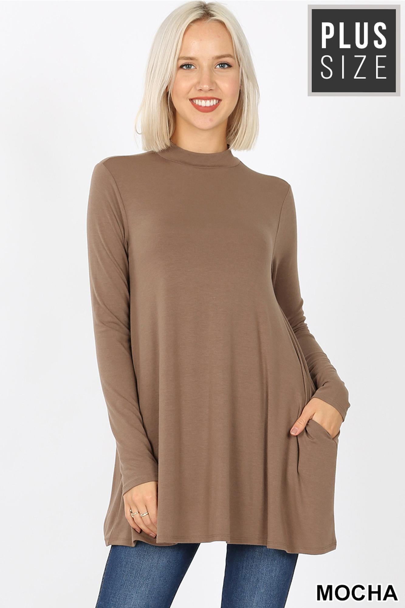 Long-Sleeve Mock Neck Plus Size Premium Top with Pockets