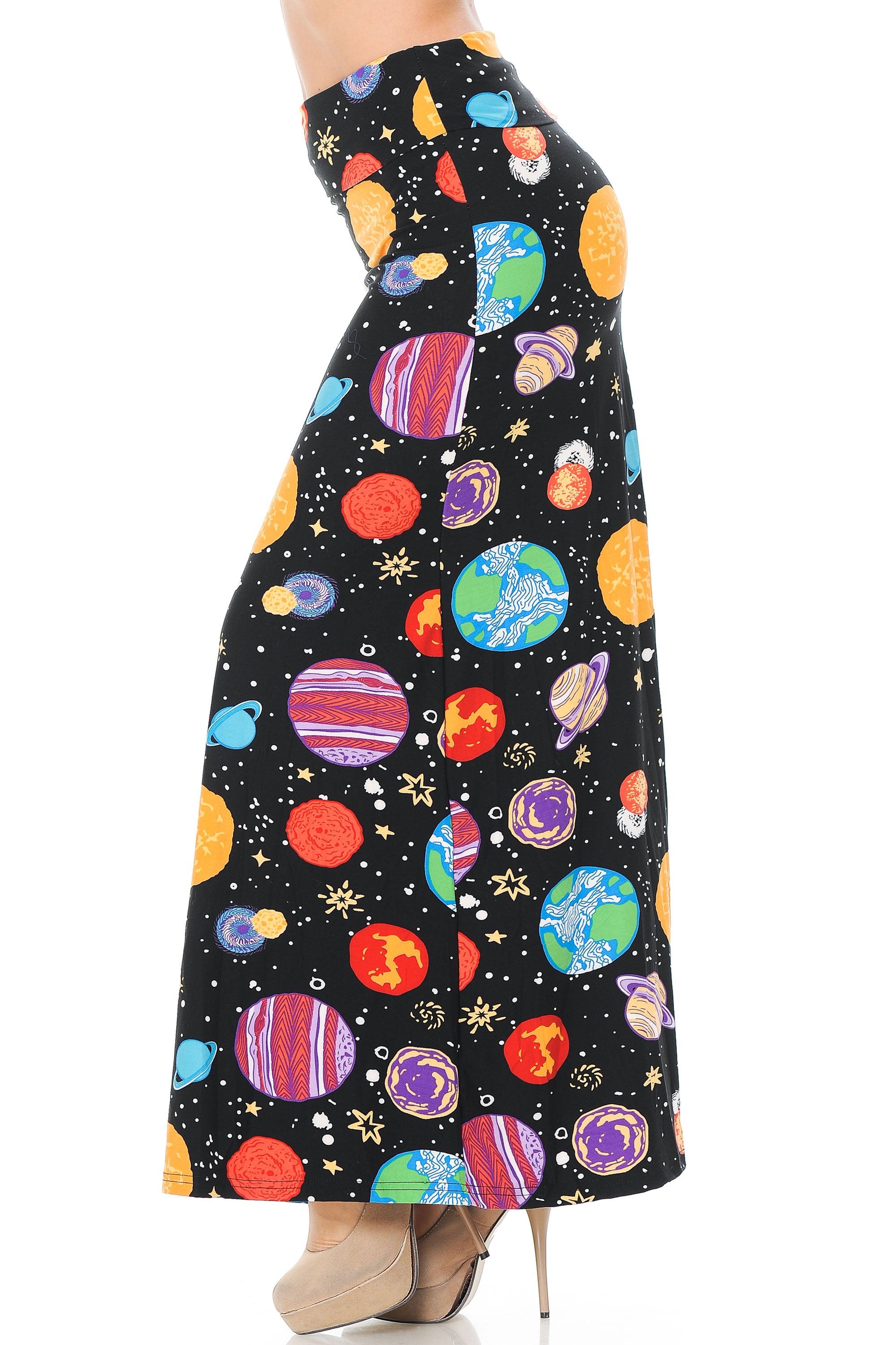 Buttery Soft Planets in Space Plus Size Maxi Modern Skirt