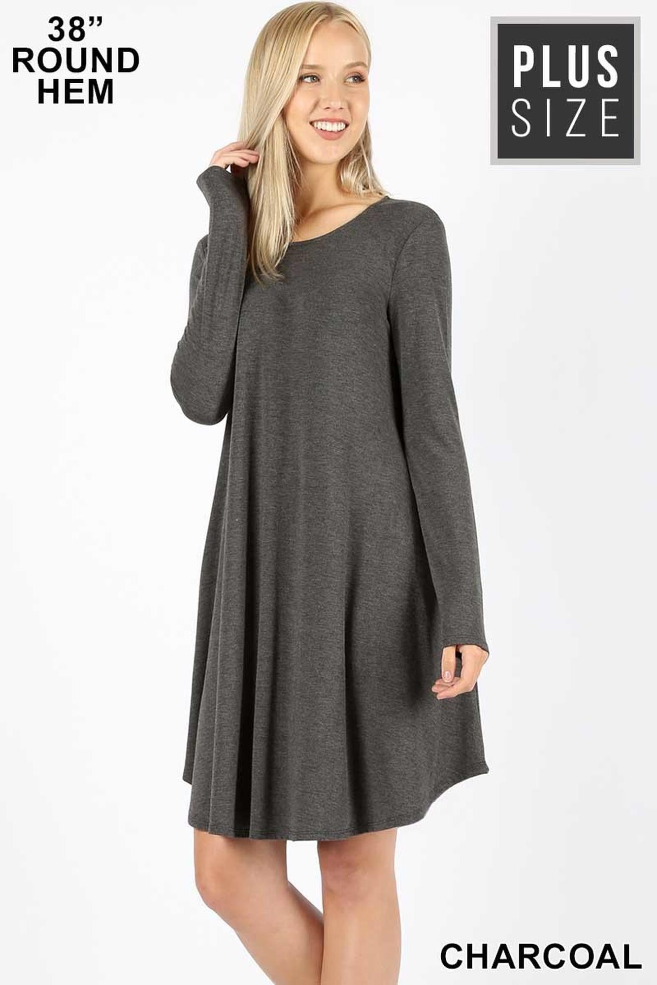 Premium Long-Sleeve A-Line Round Hem Plus Size Rayon Tunic with Pockets