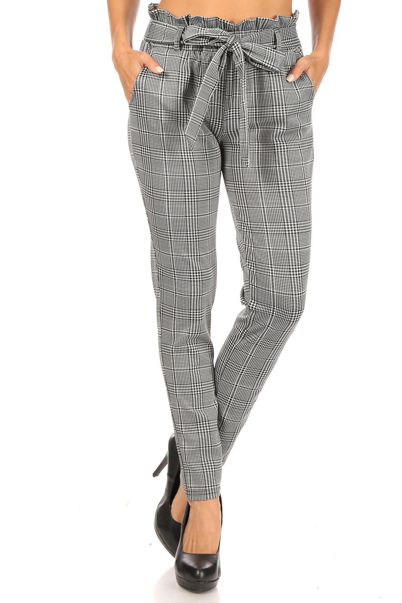Houndstooth Plaid High Waisted Paper Bag Tie Front Signature Pants