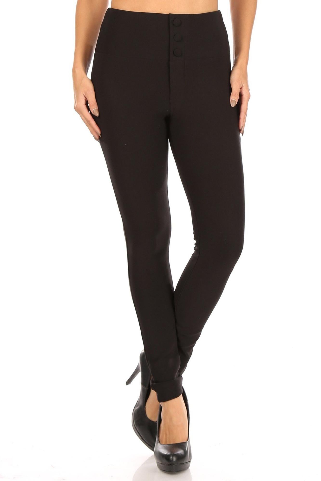 Black Button-Front High Waisted Body Sculpting Treggings