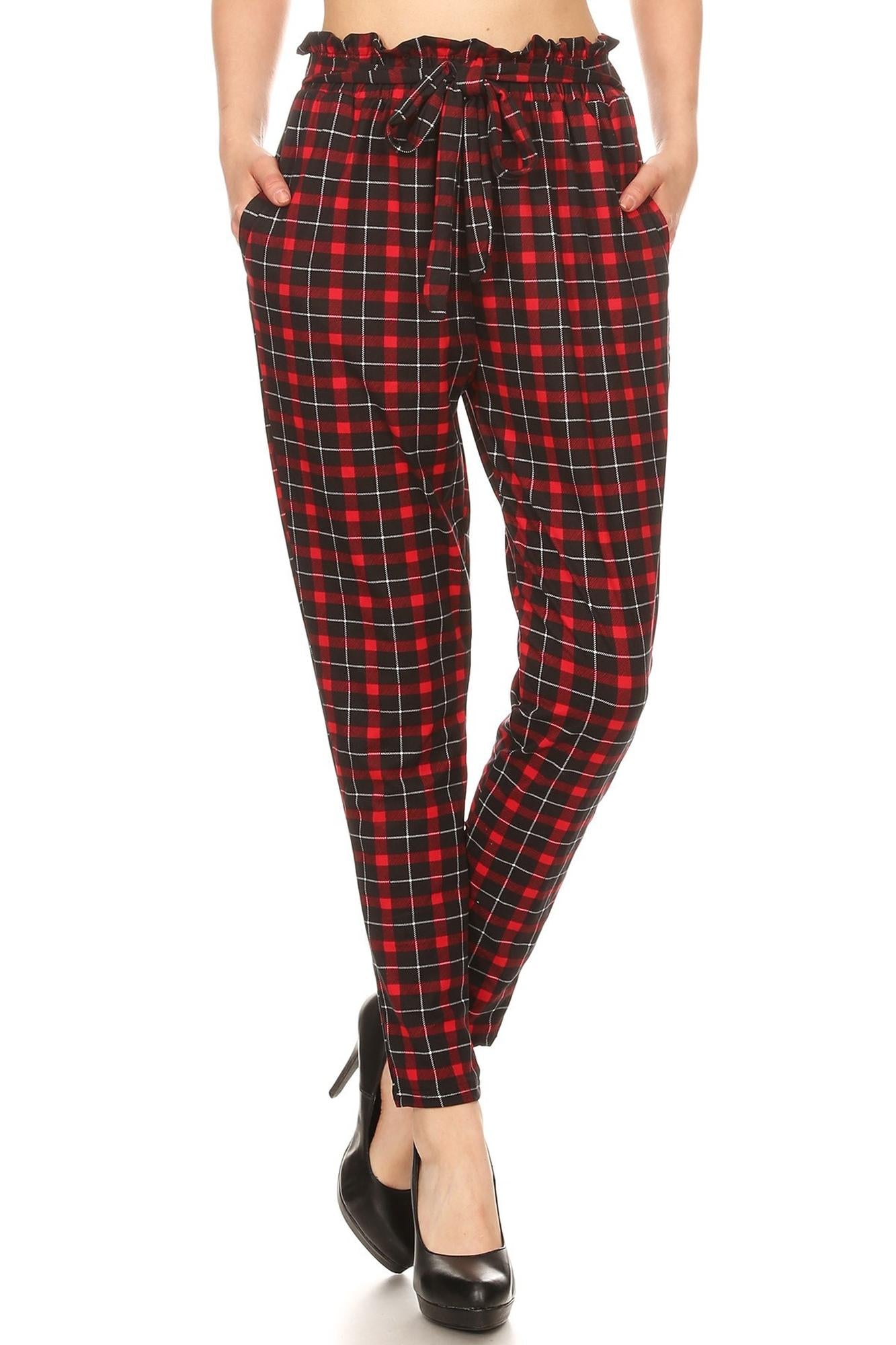 Red Plaid High Waisted Paper Bag Tie Front Signature Pants