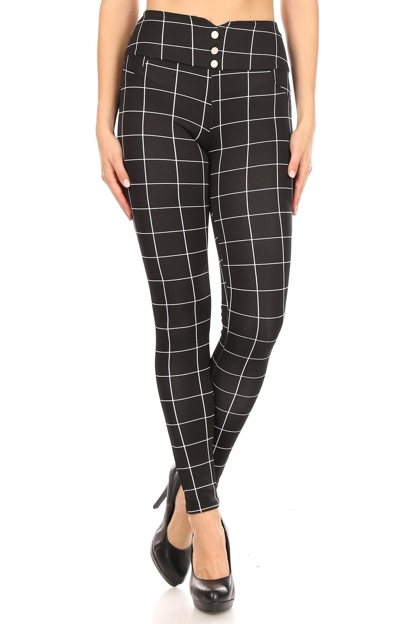 Black and White Grid Print High Waisted Treggings with Button-Front