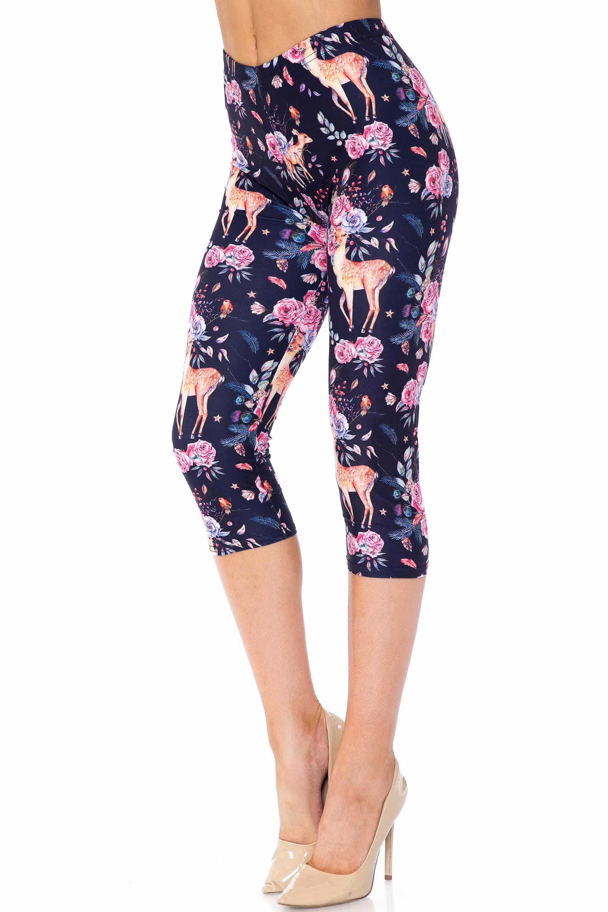 Creamy Soft Woodland Floral Fawn Plus Size Capris - USA Fashion