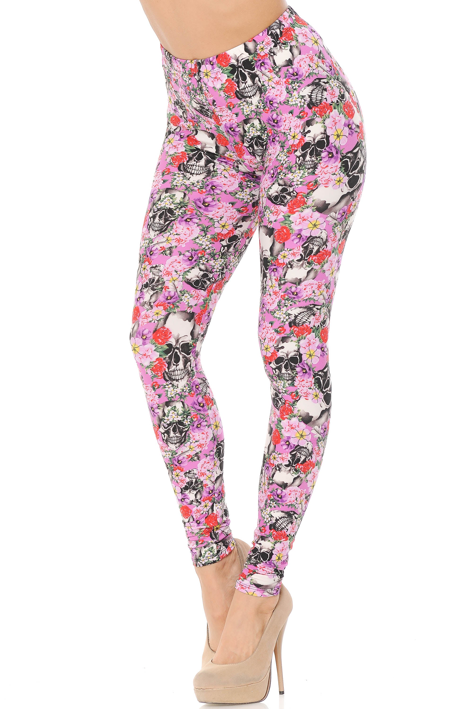 Buttery Smooth Pink Blossom Skulls Plus Size Leggings