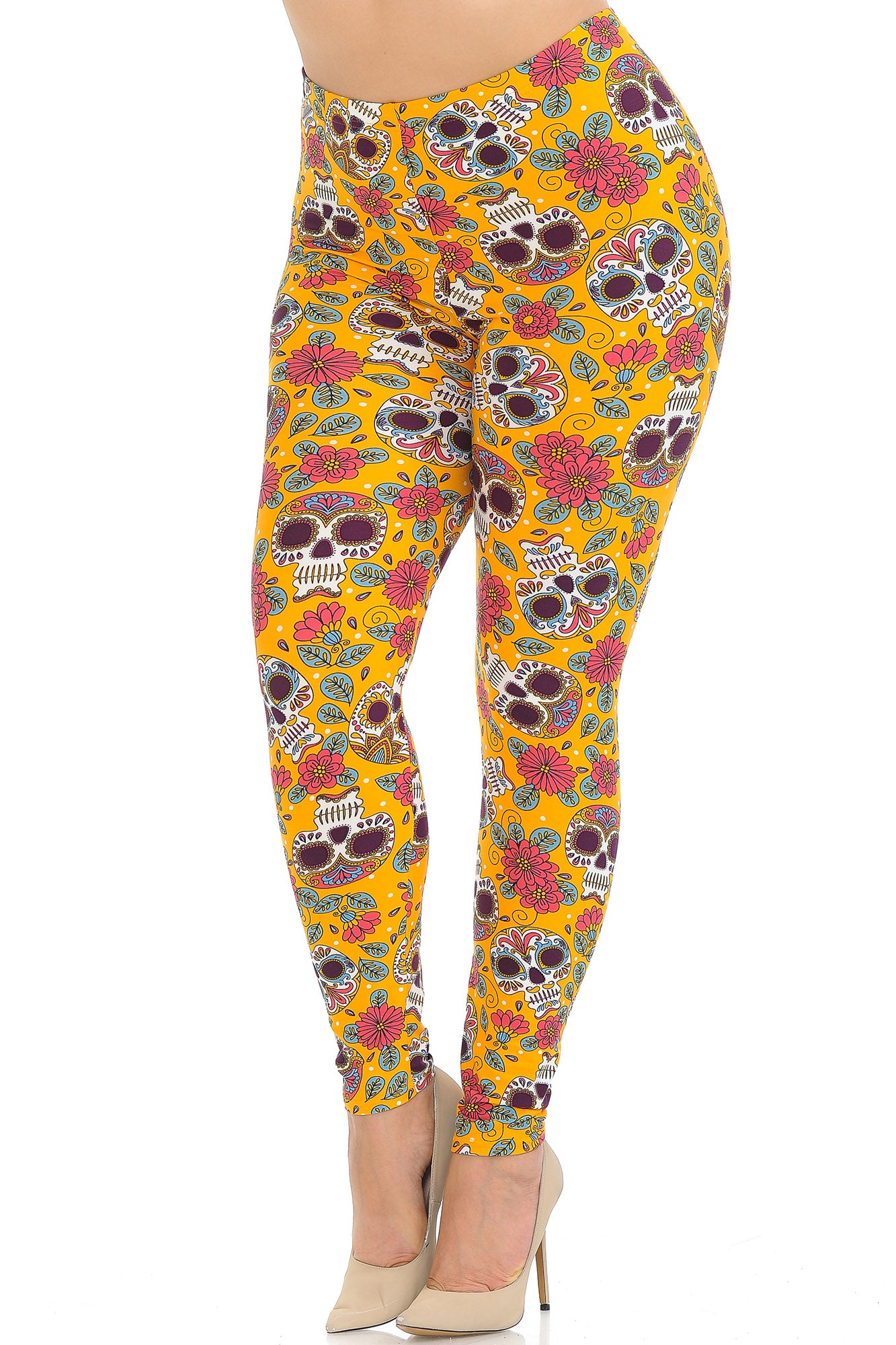 Buttery Smooth Mustard Summer Sugar Skull Plus Size Leggings