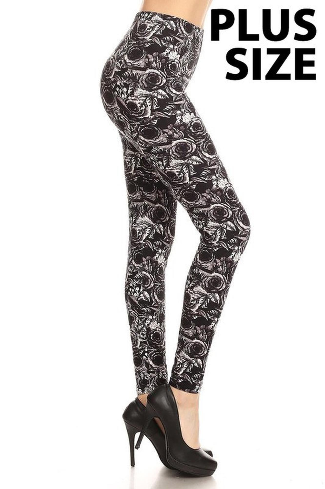 Buttery Smooth Black and White Rose Floral Plus Size Leggings