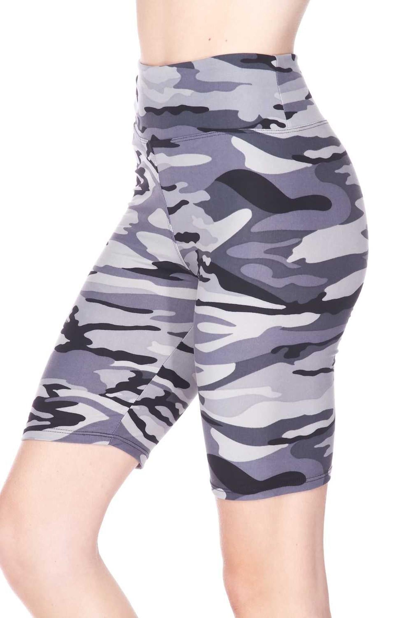 Buttery Soft Charcoal Camouflage Plus Size Biker Premium Shorts - 3 Inch Waist Band