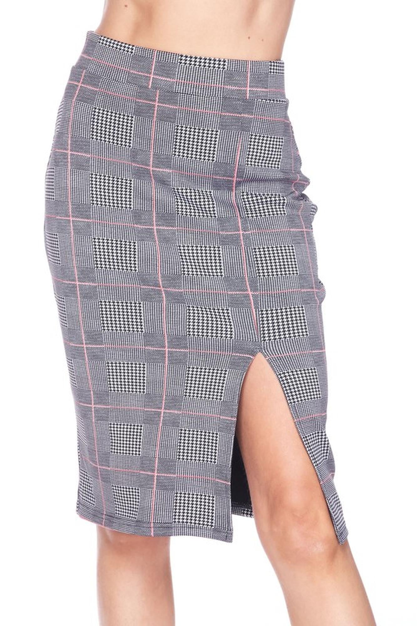 Silky Soft Scuba Coral Glen Plaid Plus Size Pencil Modern Skirt with Front Slit