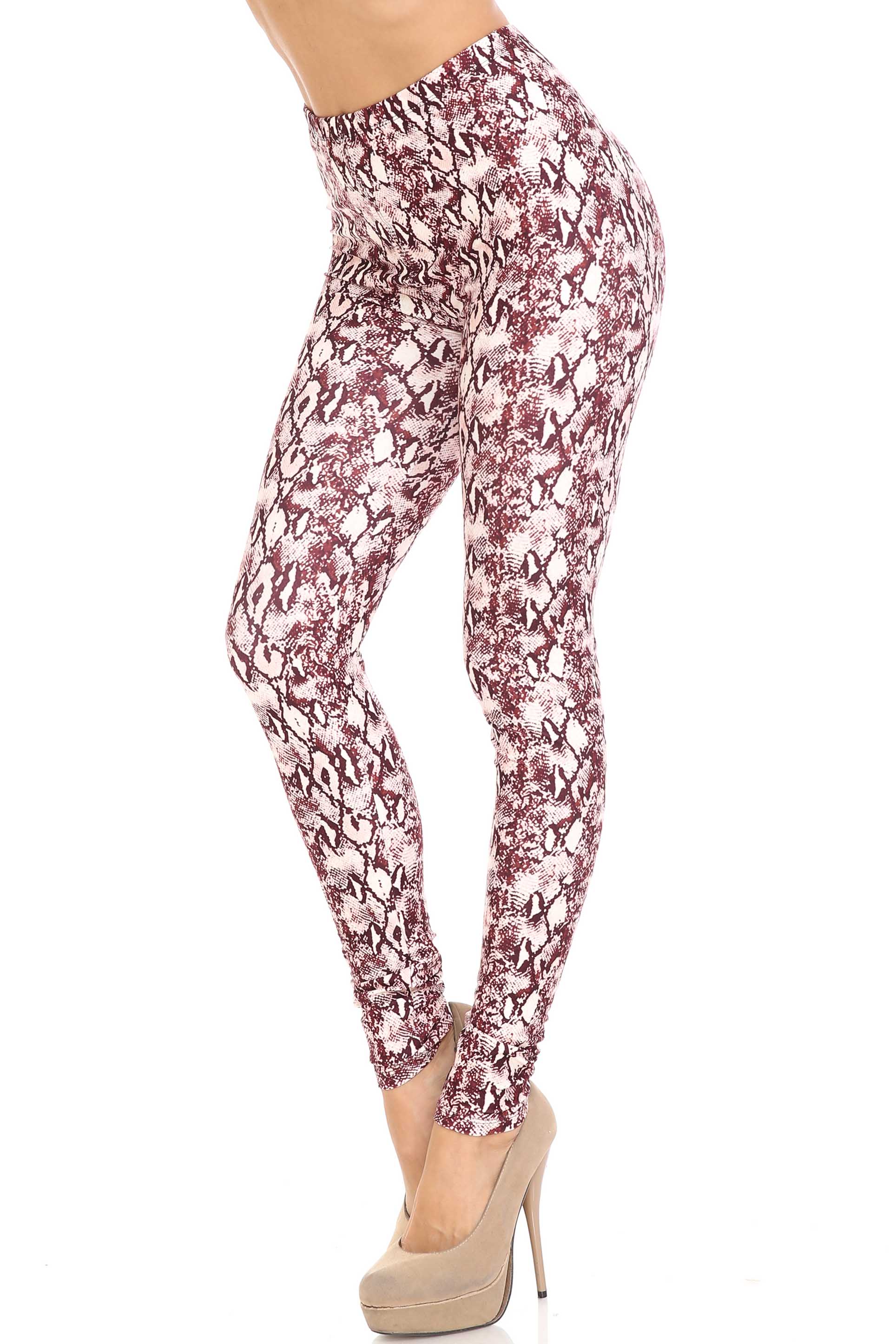 Creamy Soft Crimson Snakeskin Plus Size Leggings - USA Fashion