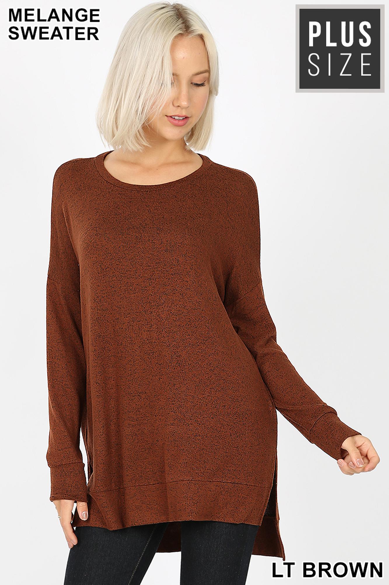 Brushed Melange Round Neck HI-LOW Plus Size Premium Top