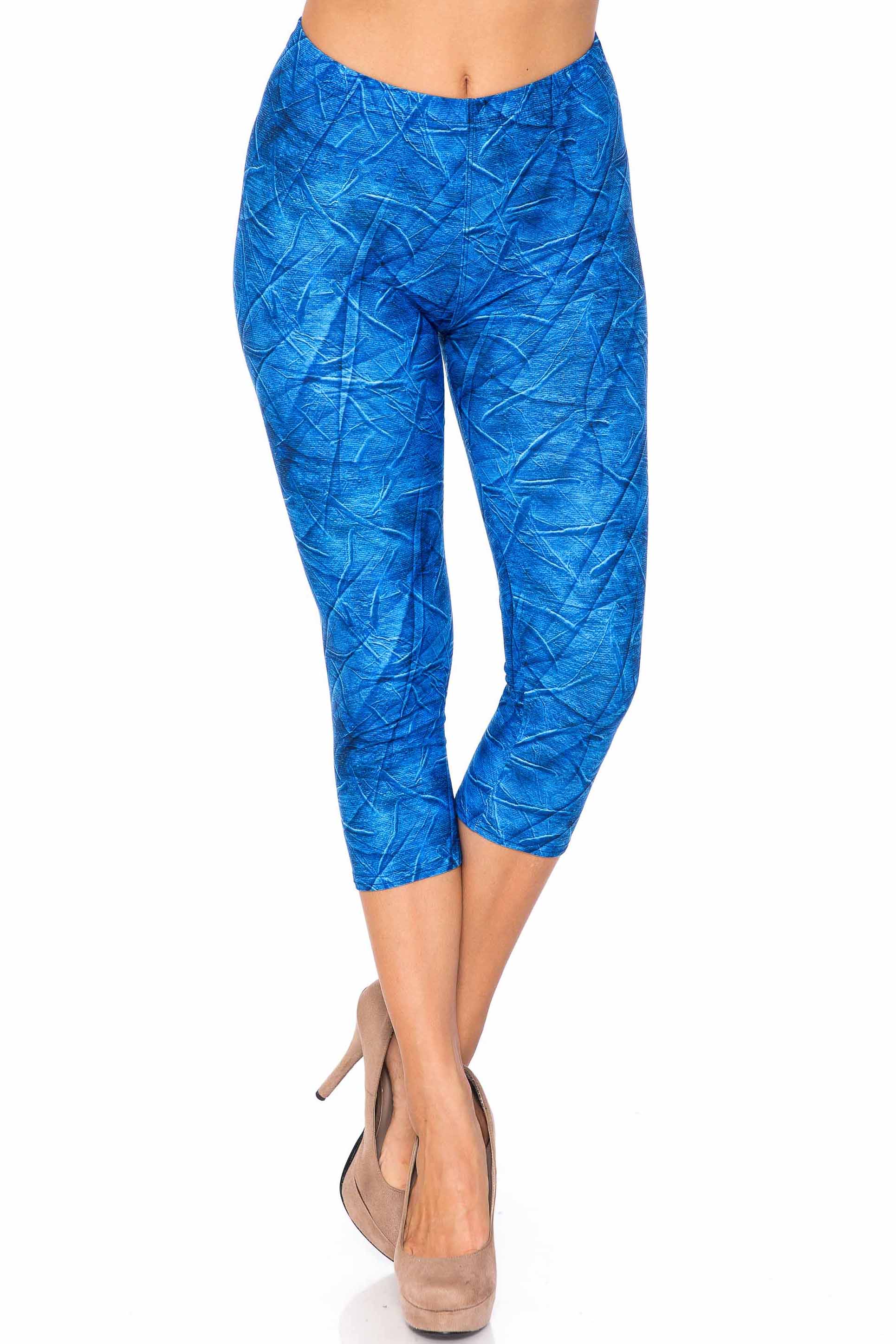Creamy Soft Blue Wrinkled Denim Capris - USA Fashion