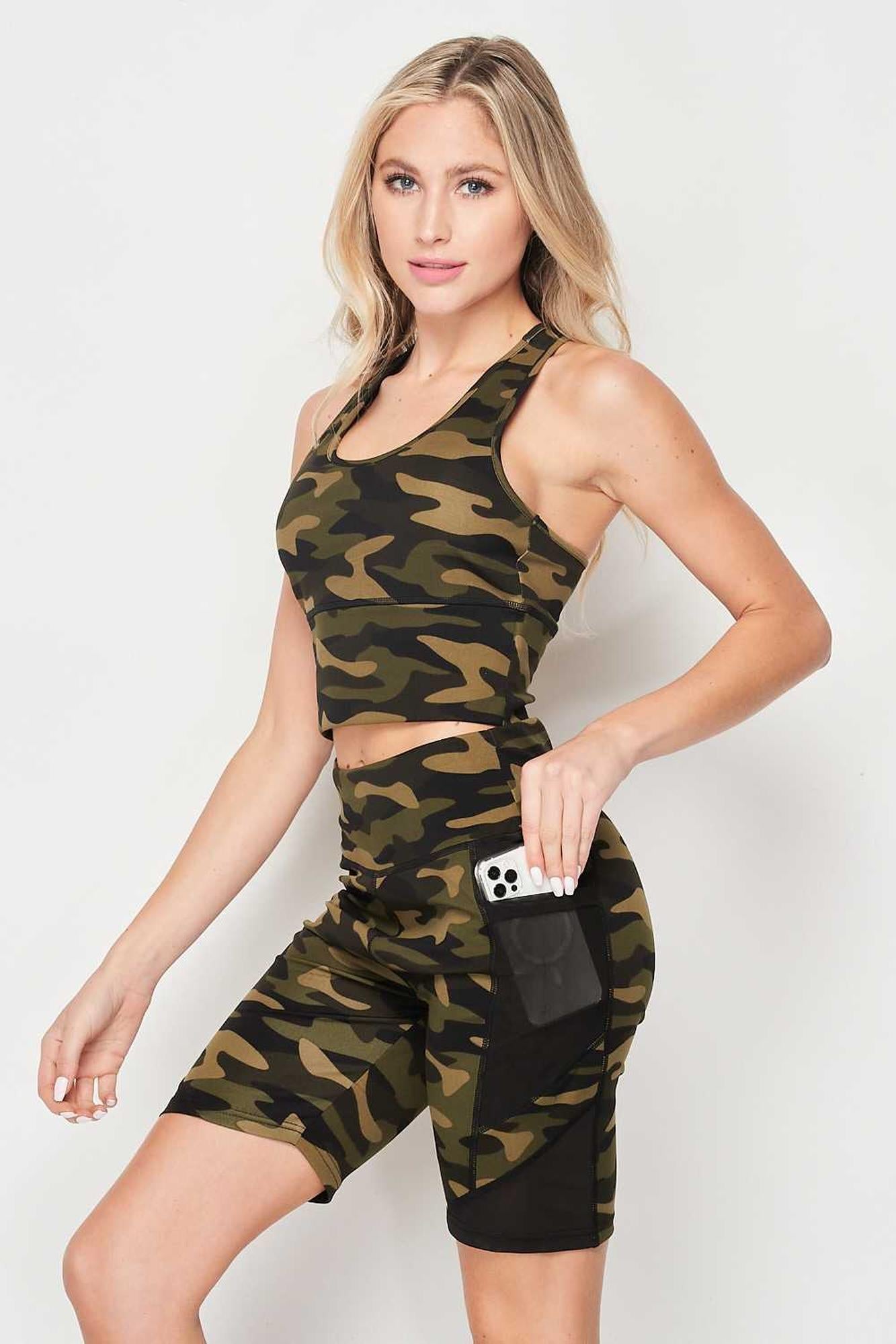 High Waisted Camouflage Mesh Pocket Biker Premium Shorts and Crop Premium Top Workout Set